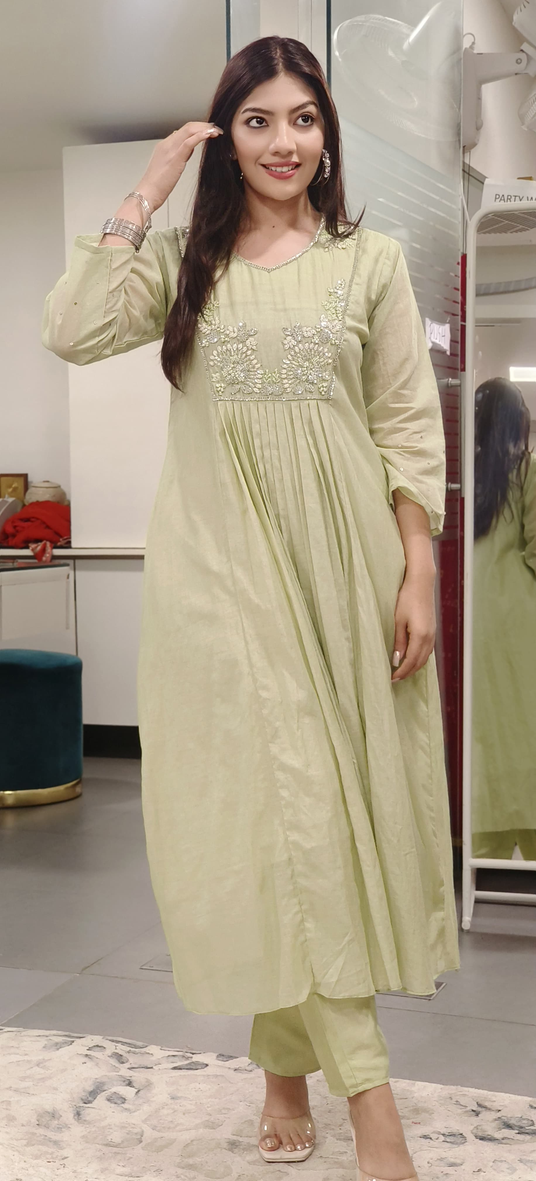 Elegant Chanderi Embroidered A-Line Kurta with Matching Pants – Perfect for Festive and Casual Elegance