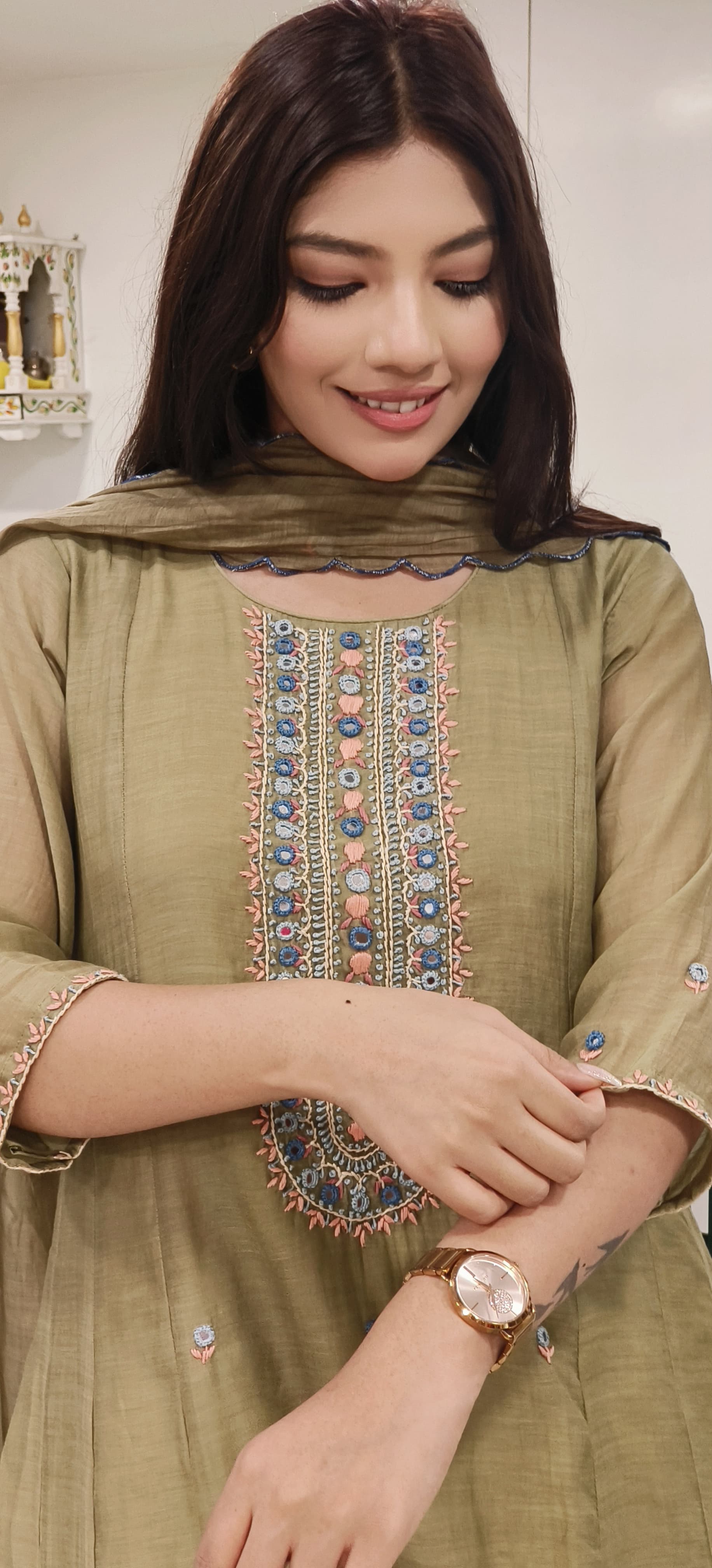 Beautiful Pure Mall Chanderi Embroidered Aline Kurta With Pant and Dupatta-08849-50-51