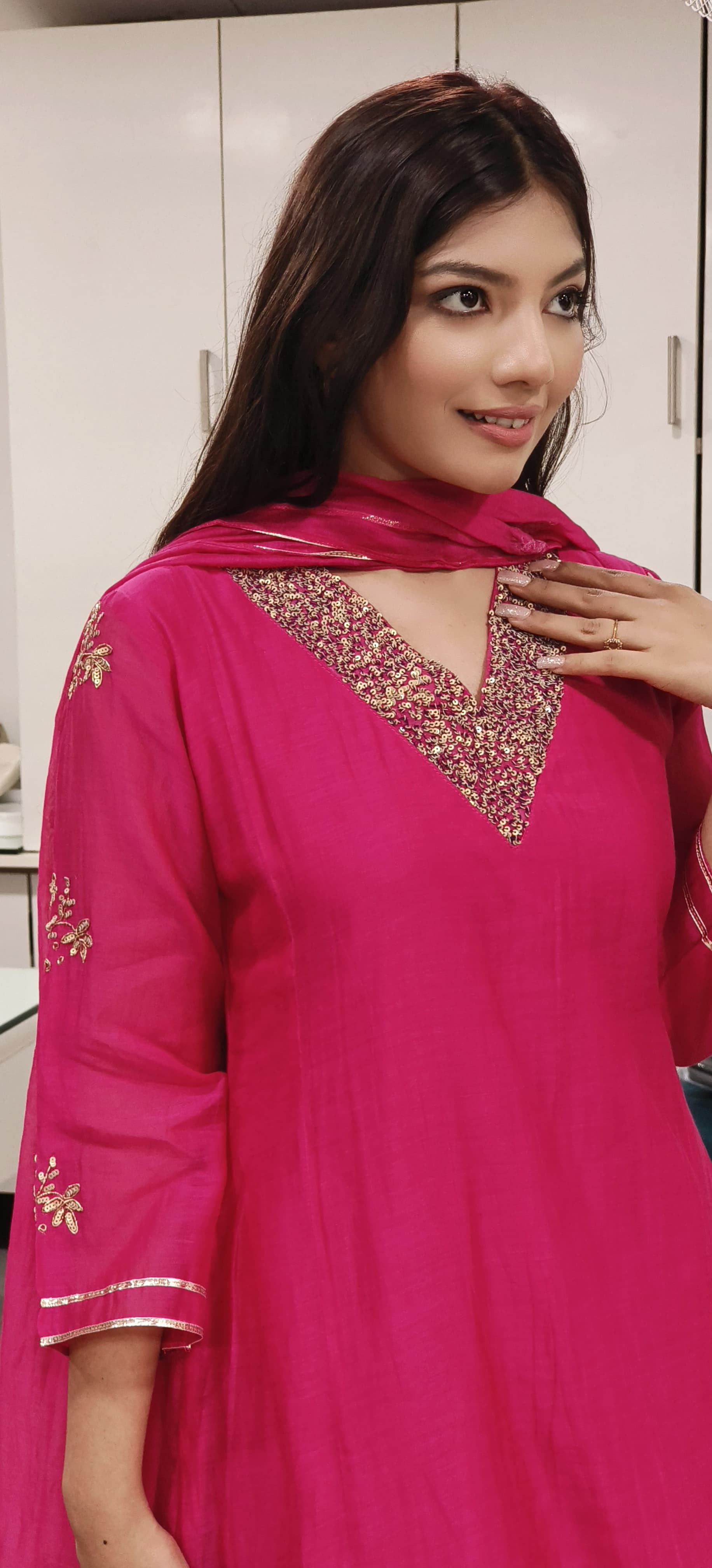 Beautiful Aline Mall chanderi Embroidered Neck Kurta with Bottom And Dupatta-08853-08854