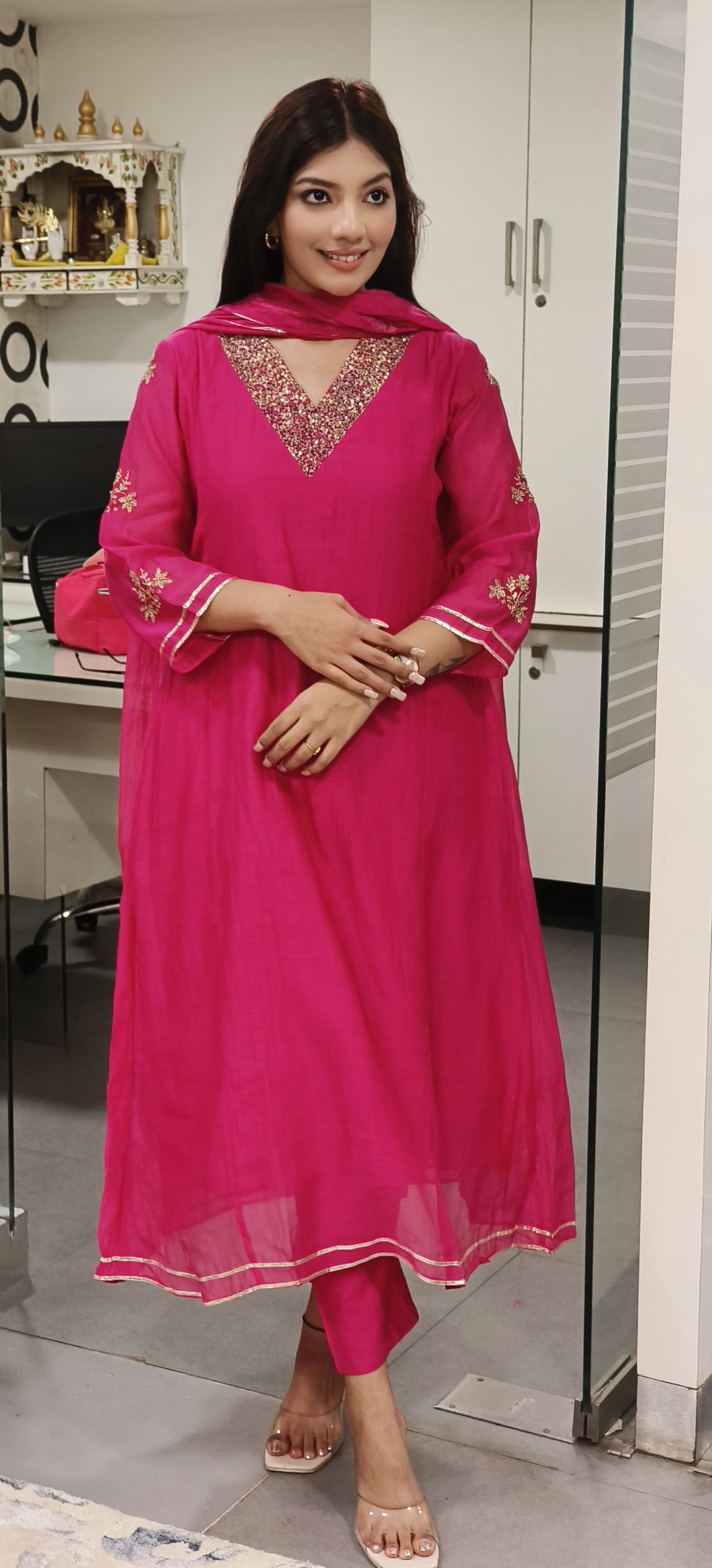 Beautiful Aline Mall chanderi Embroidered Neck Kurta with Bottom And Dupatta-08853-08854