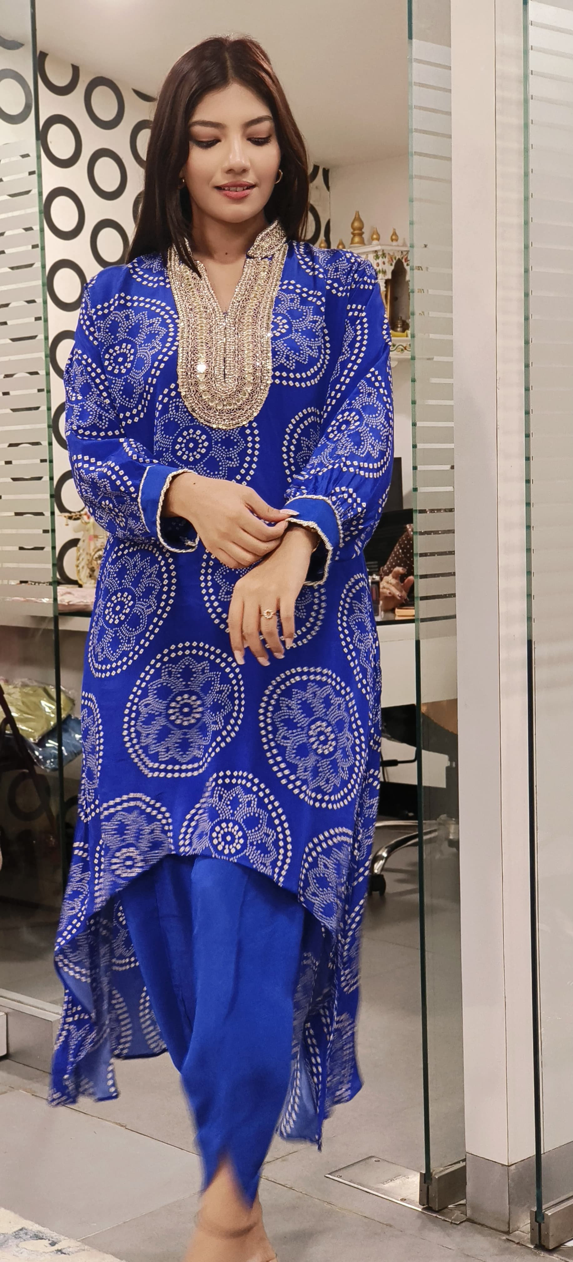 Stylish Bandhani Print High-Low Kurti with Tulip Pants  Embellished Neckline-08862-08863