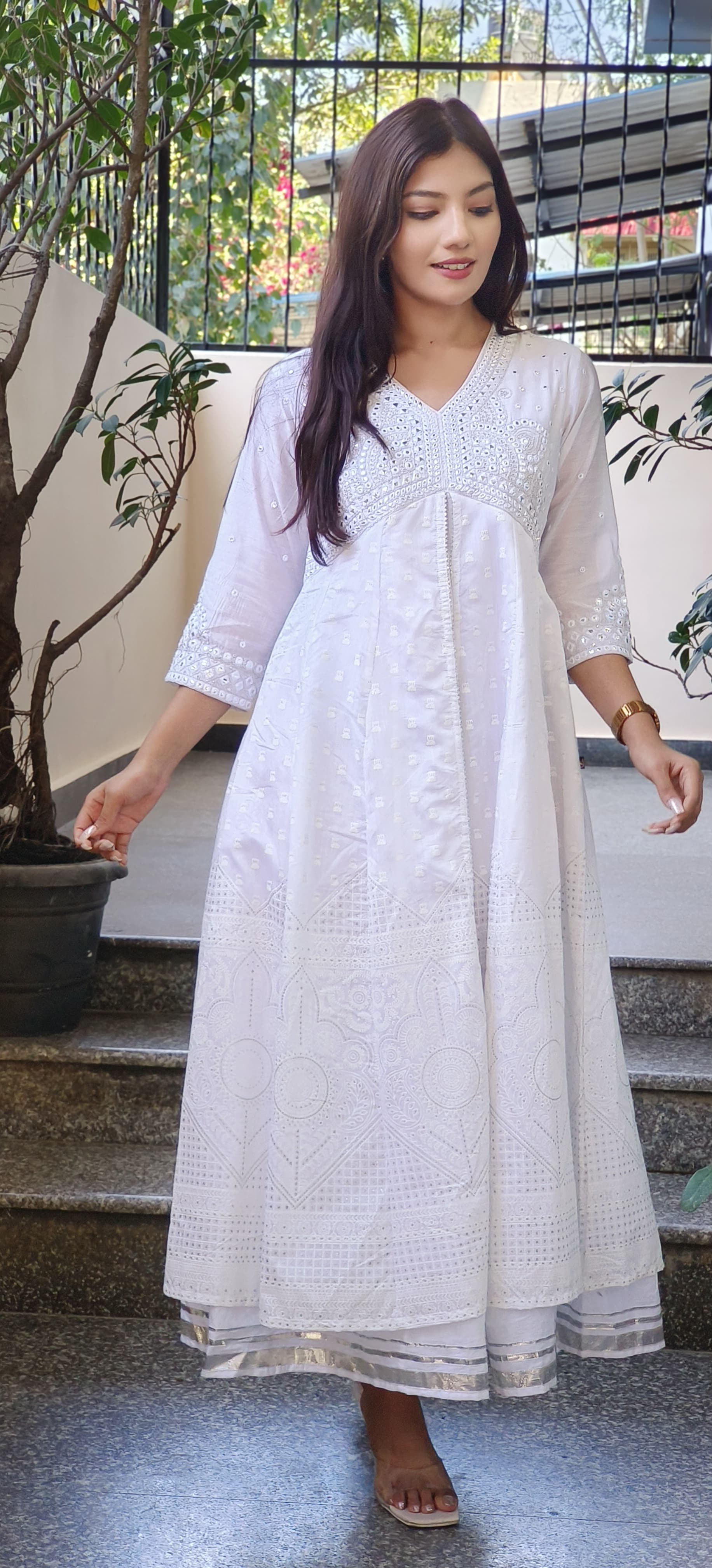 Elegant Foil Mirror Cotton Anarkali Kurti Gown