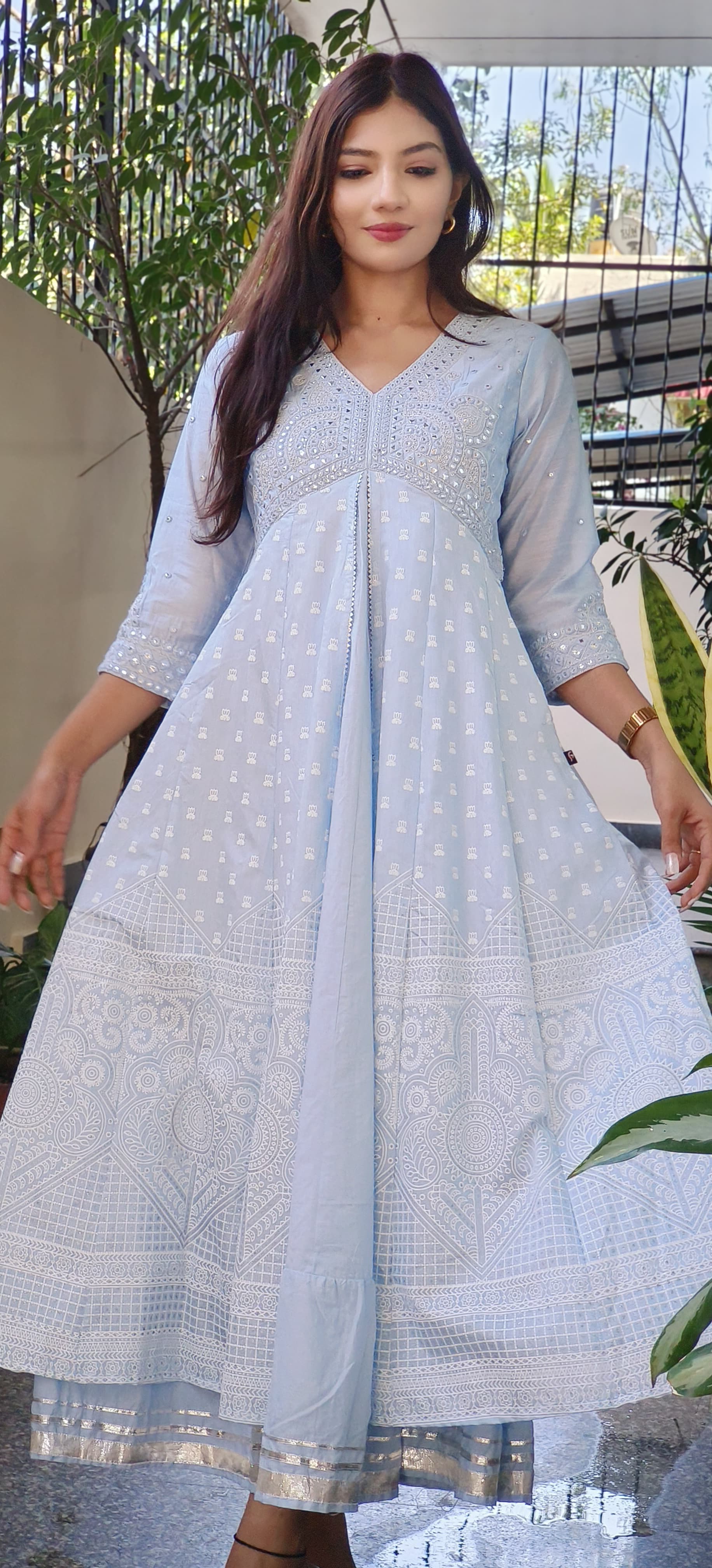 Elegant Foil Mirror Cotton Anarkali Kurti Gown