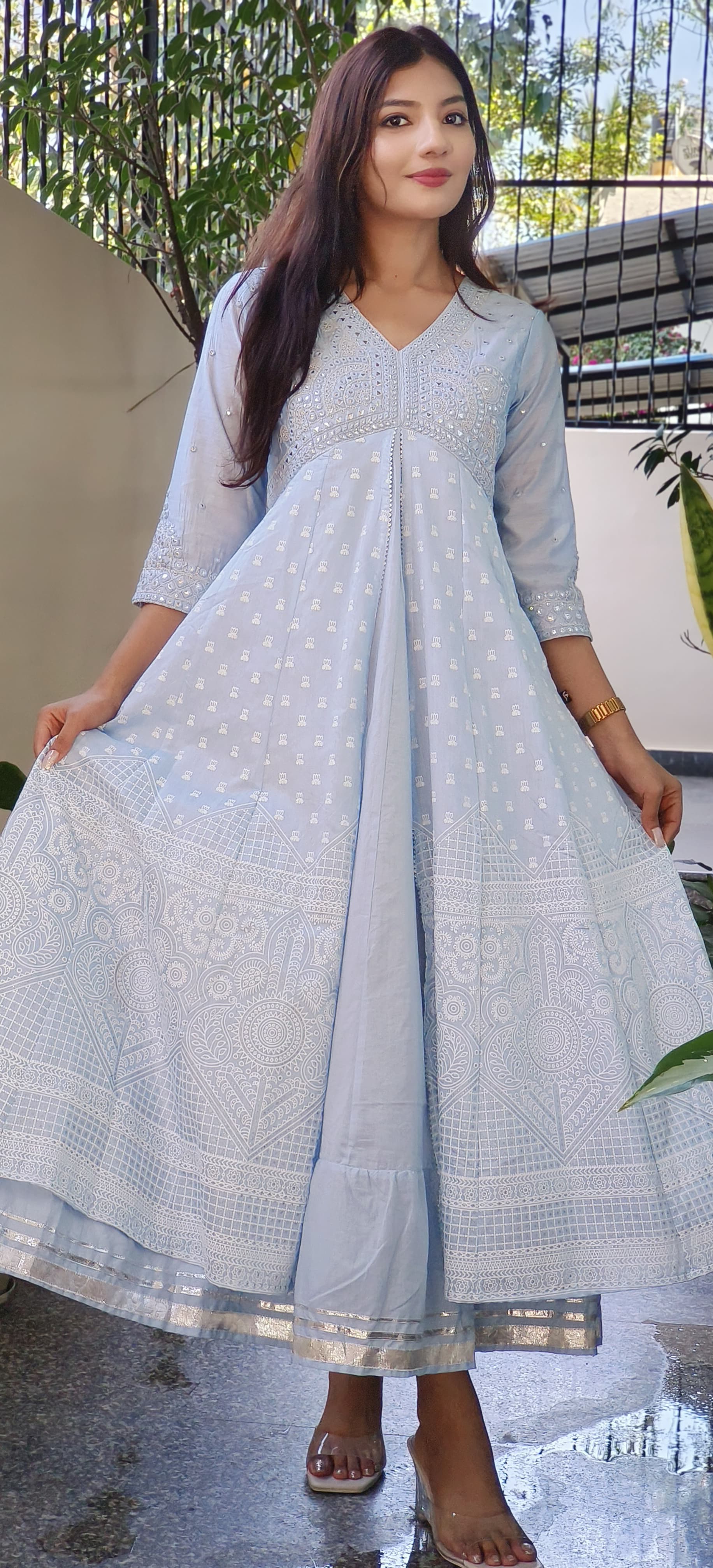 Elegant Foil Mirror Cotton Anarkali Kurti Gown