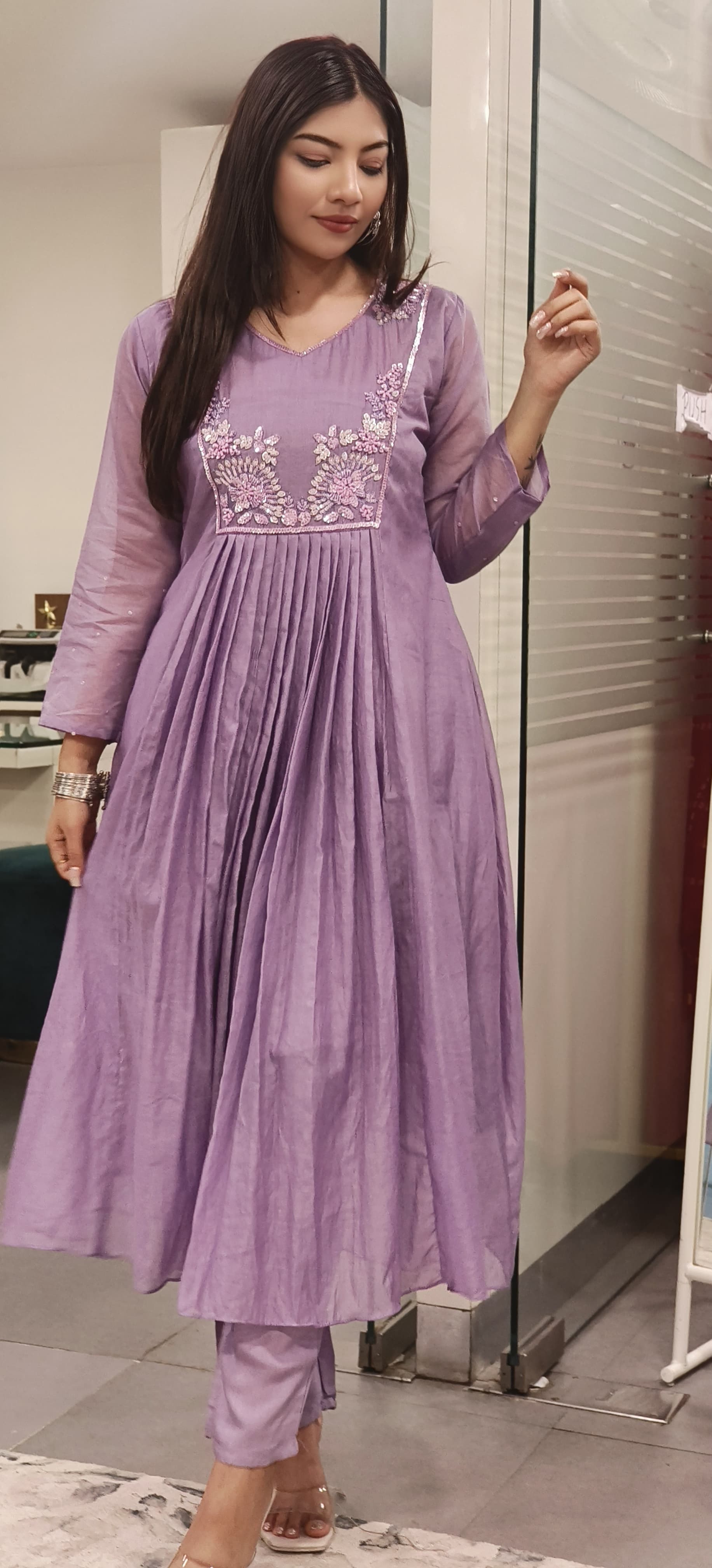 Elegant Chanderi Embroidered A-Line Kurta with Matching Pants – Perfect for Festive and Casual Elegance