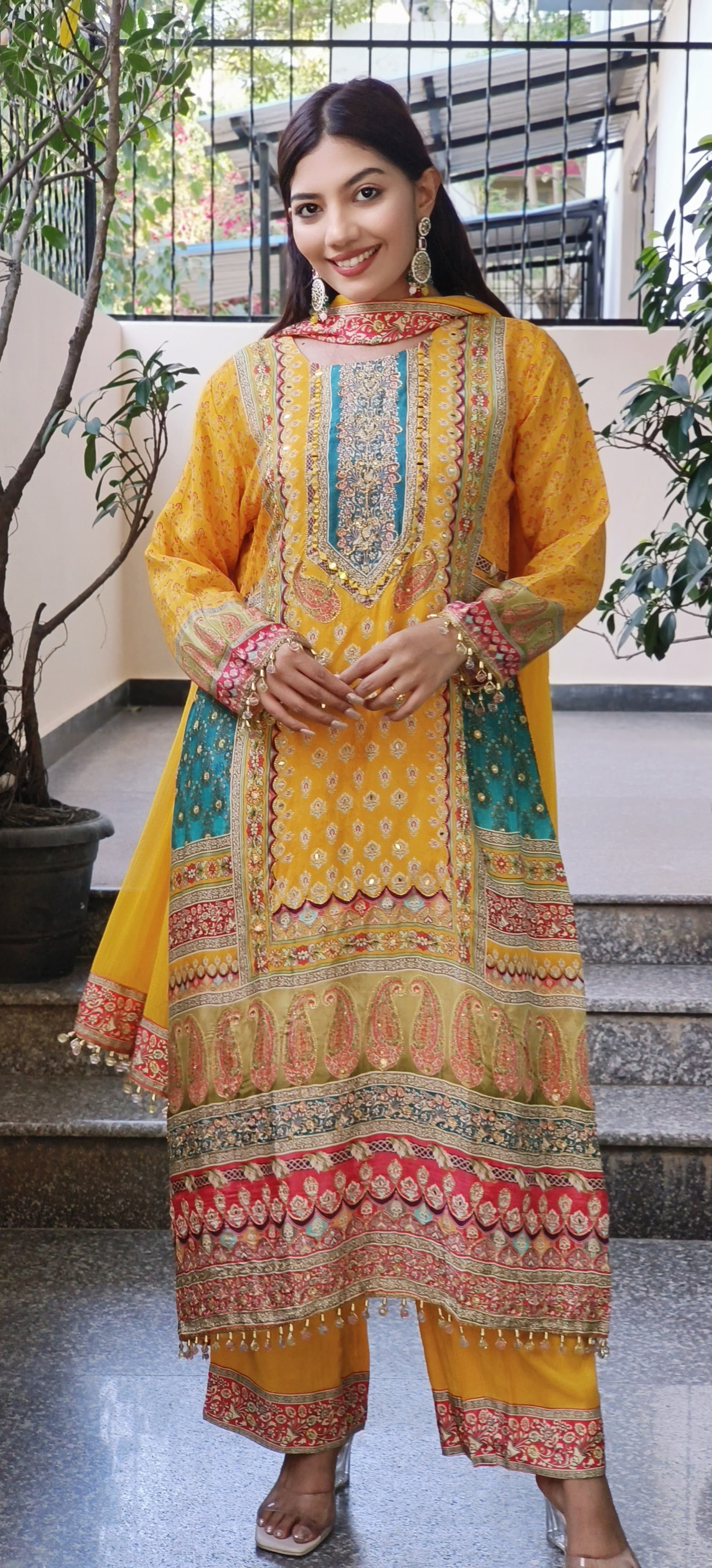 Yellow Crepe A-Line Pakistani Style Digital Print Embroidered Suit with Pants and Dupatta-08937