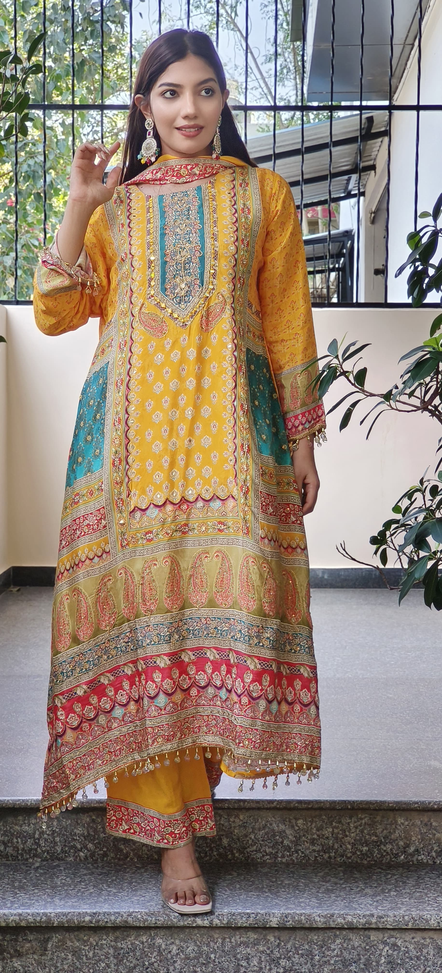 Yellow Crepe A-Line Pakistani Style Digital Print Embroidered Suit with Pants and Dupatta-08937