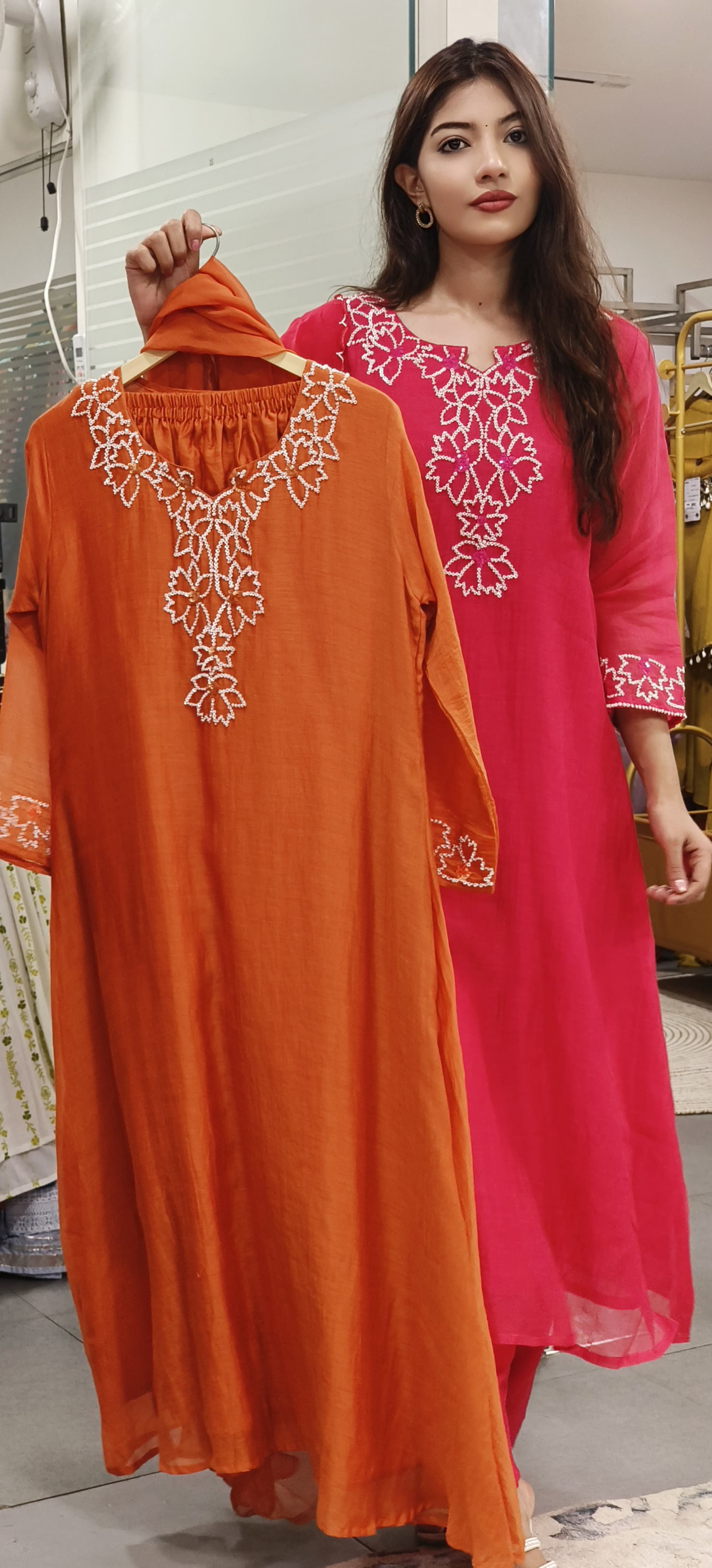 Bead Embroidered Mul Chanderi Cotton Aline Full Suit Set