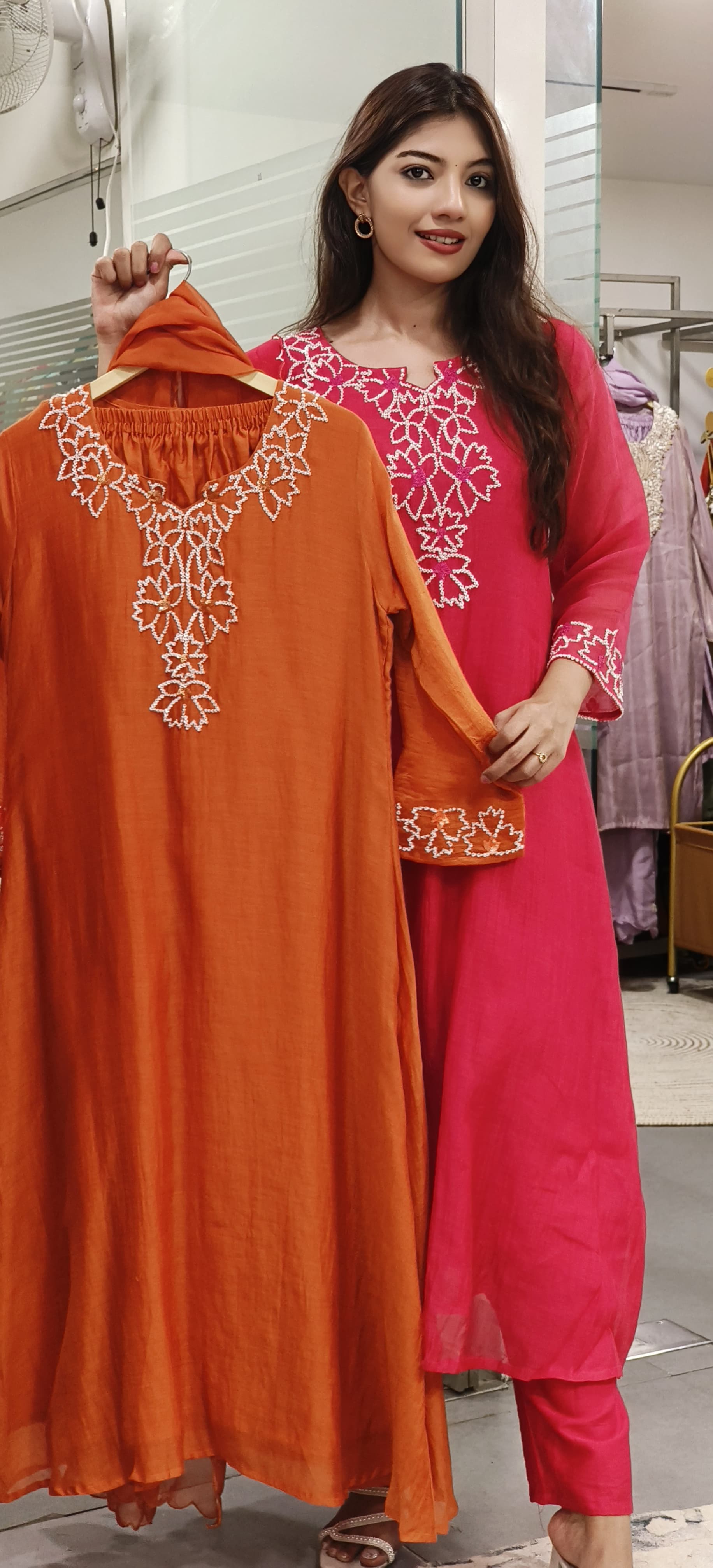 Bead Embroidered Mul Chanderi Cotton Aline Full Suit Set