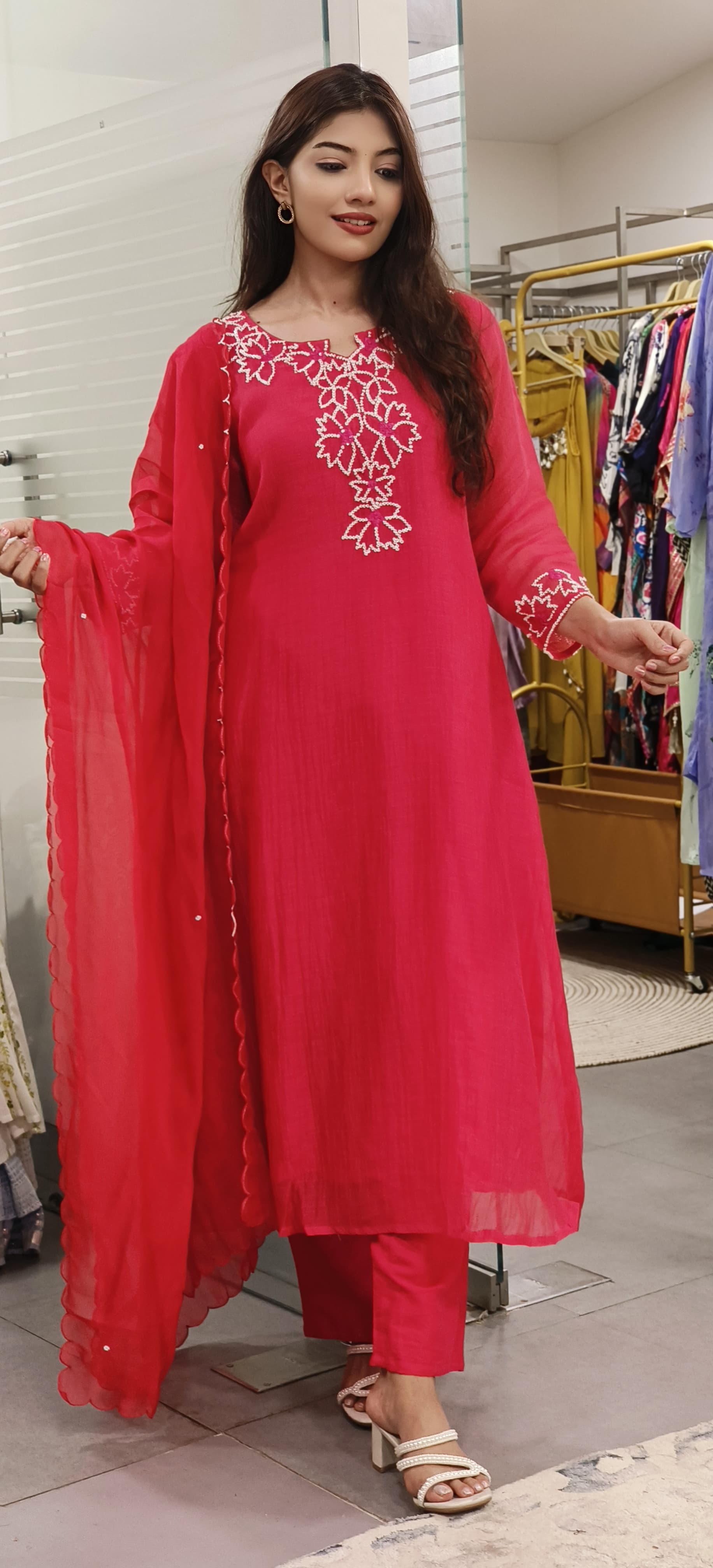 Bead Embroidered Mul Chanderi Cotton Aline Full Suit Set
