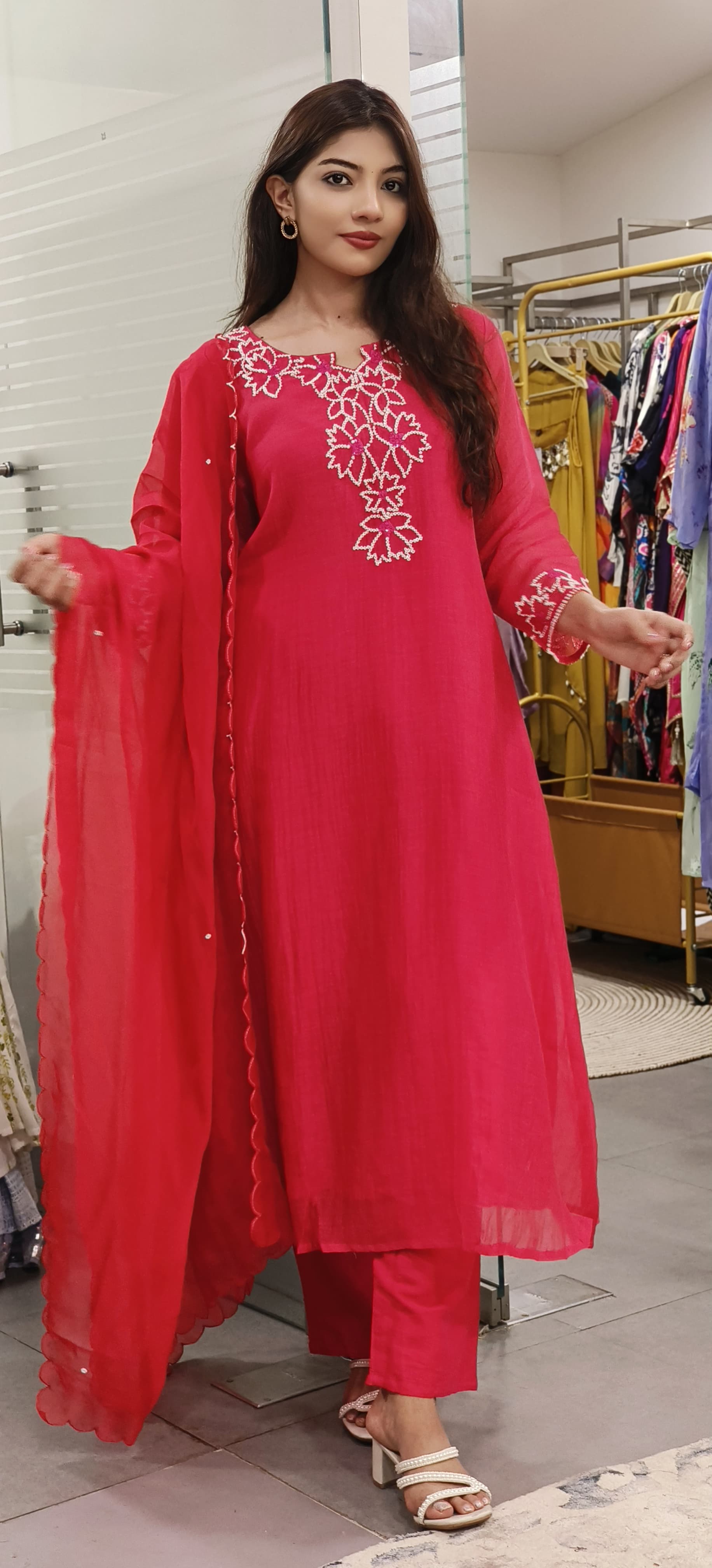 Bead Embroidered Mul Chanderi Cotton Aline Full Suit Set