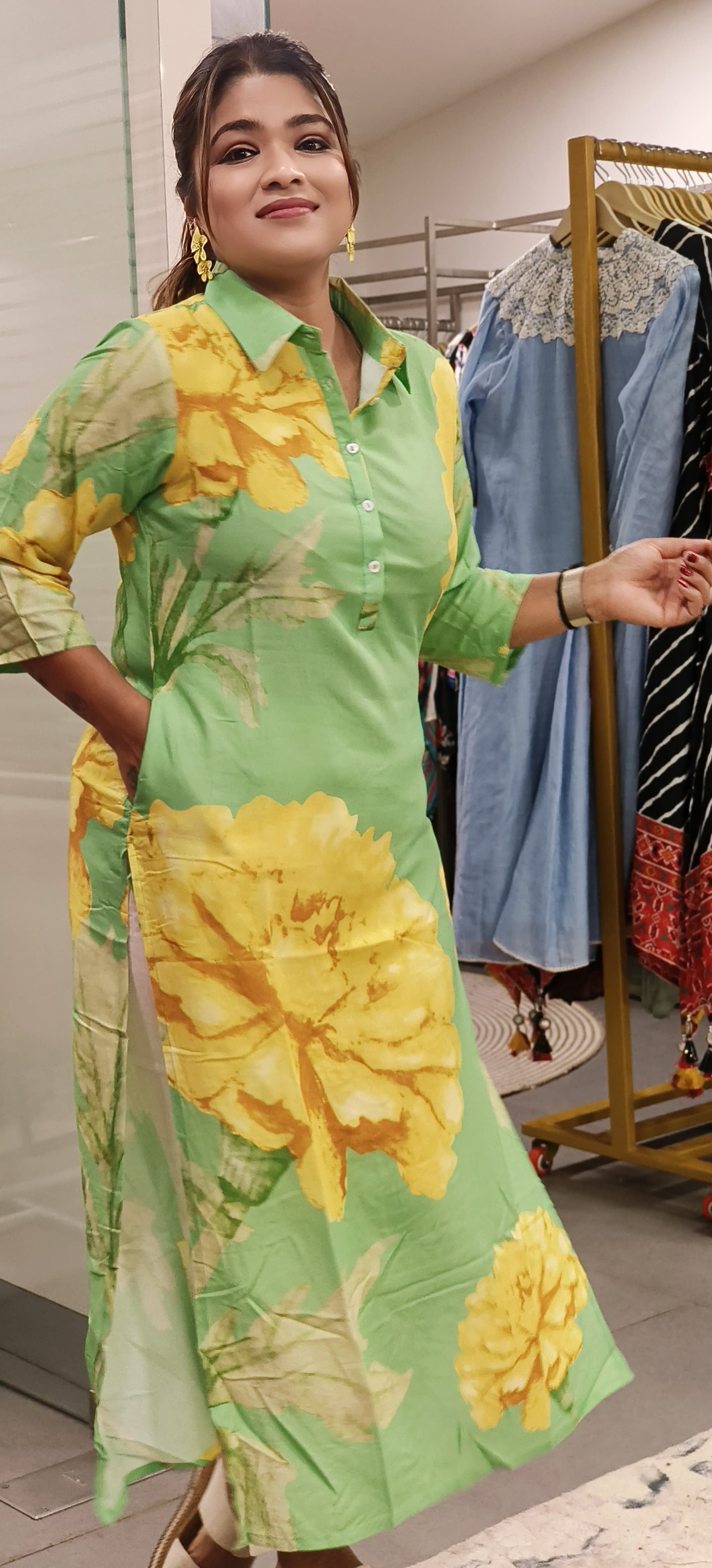 CottonSlub Collar Style Floral Print Only Kurti-09432,09433