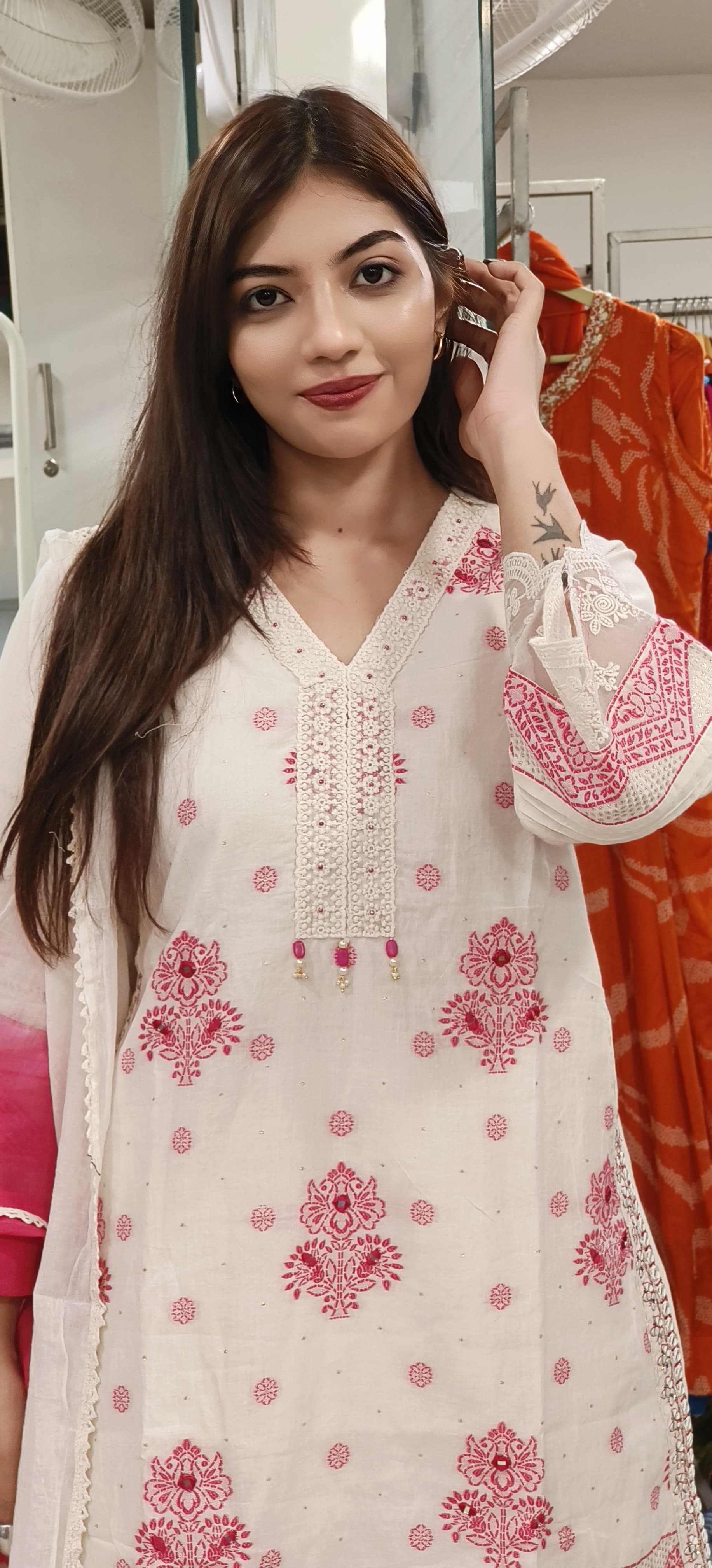 Elegant White with organza lace Embroidery Cotton Full suit set With Stylish Bottom-09351