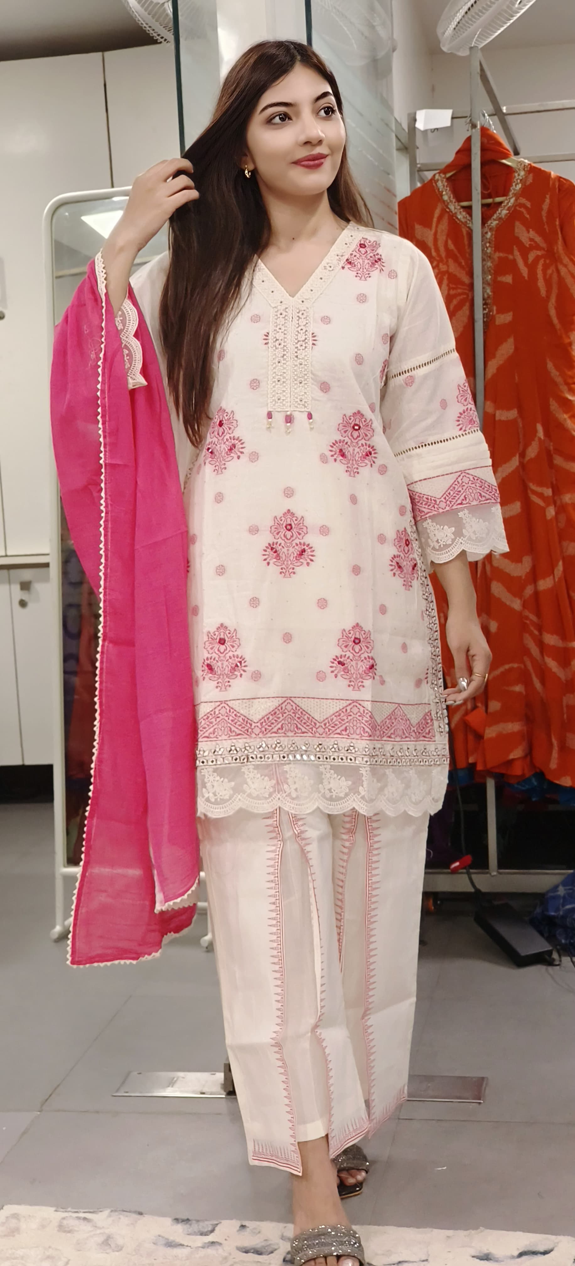 Elegant White with organza lace Embroidery Cotton Full suit set With Stylish Bottom-09351