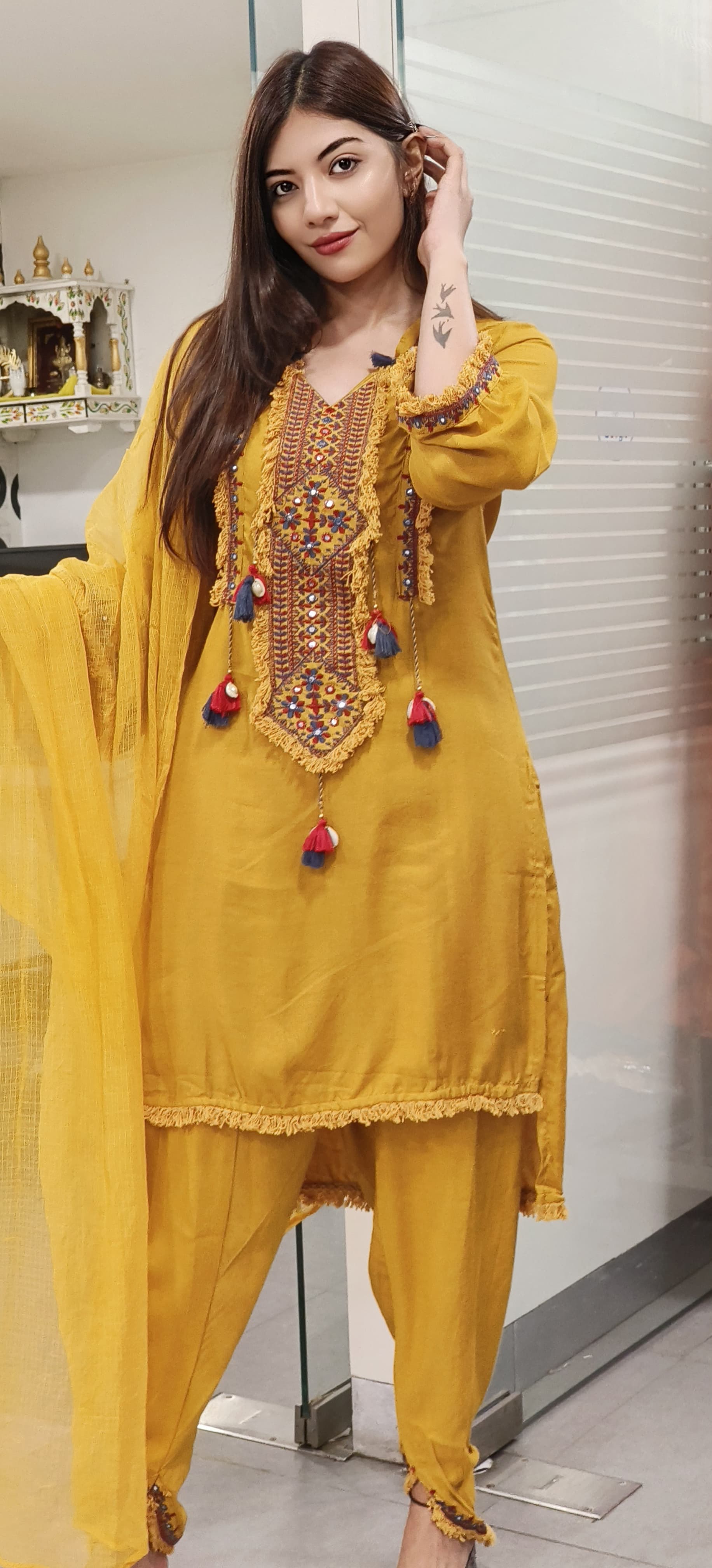 Mustard Cotton Embroidered Boho Style Full Set with Tassels & Shell Detailing 9464