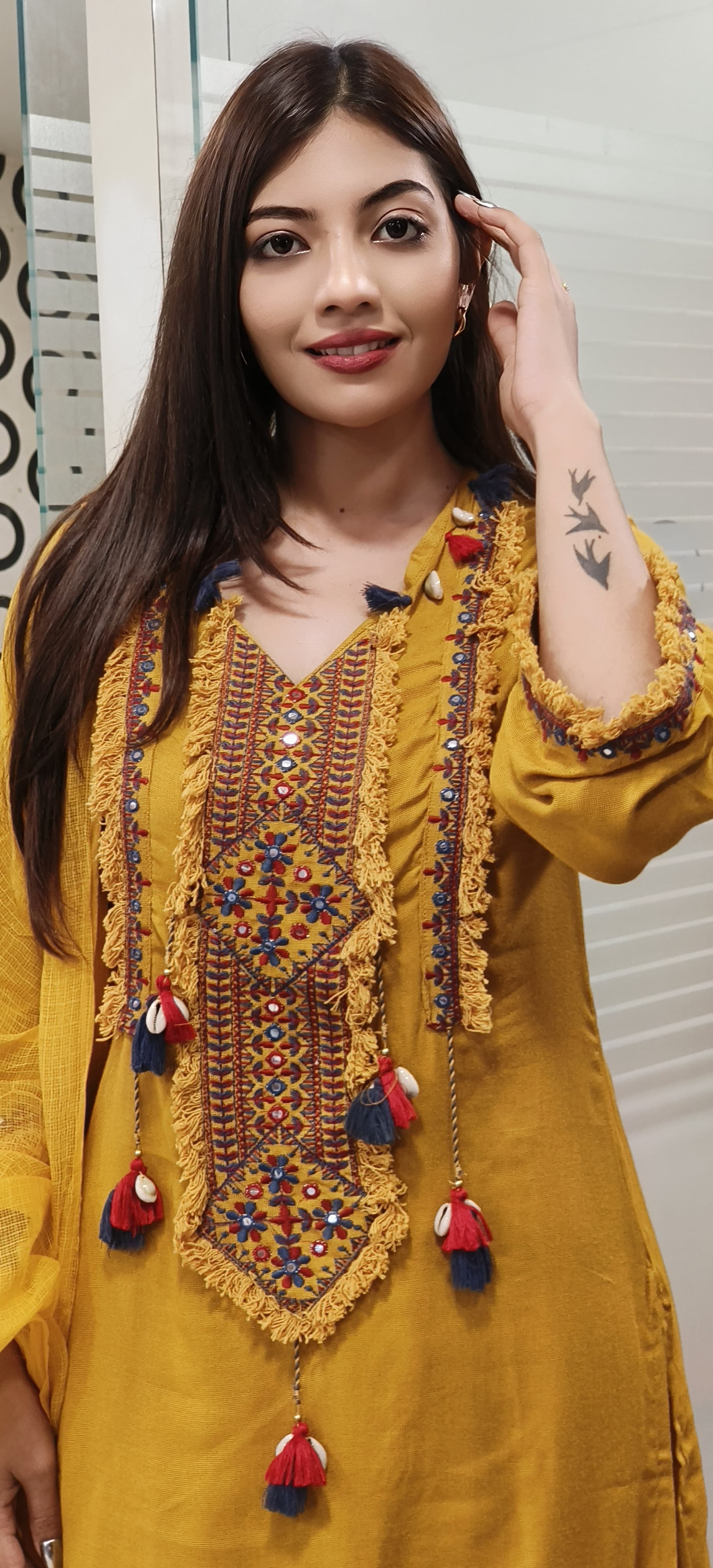 Mustard Cotton Embroidered Boho Style Full Set with Tassels & Shell Detailing 9464