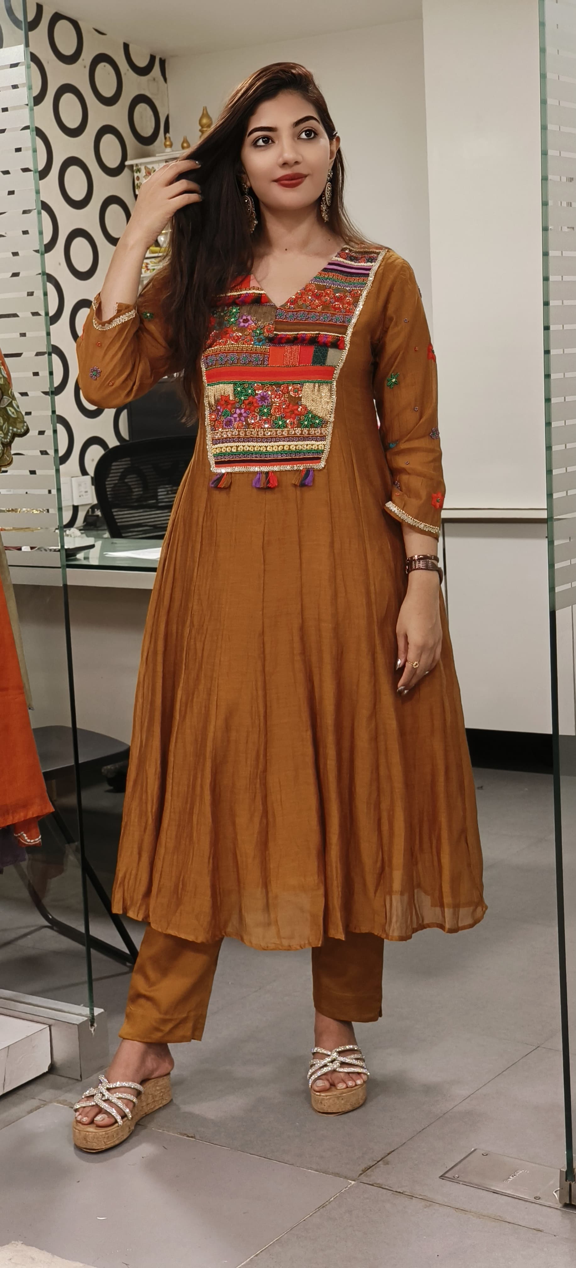 Elegance Redefined Mul Chanderi A-Line Kurta Set with Exquisite Multicolor Embroidery and-Matching Pants-9508,9509