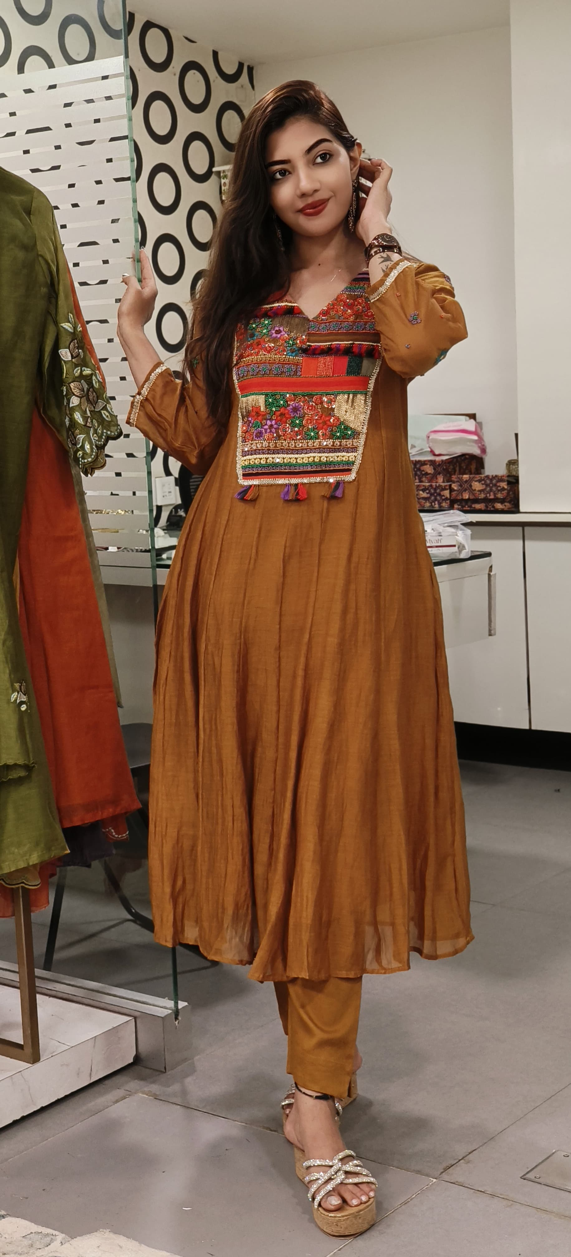 Elegance Redefined Mul Chanderi A-Line Kurta Set with Exquisite Multicolor Embroidery and-Matching Pants-9508,9509