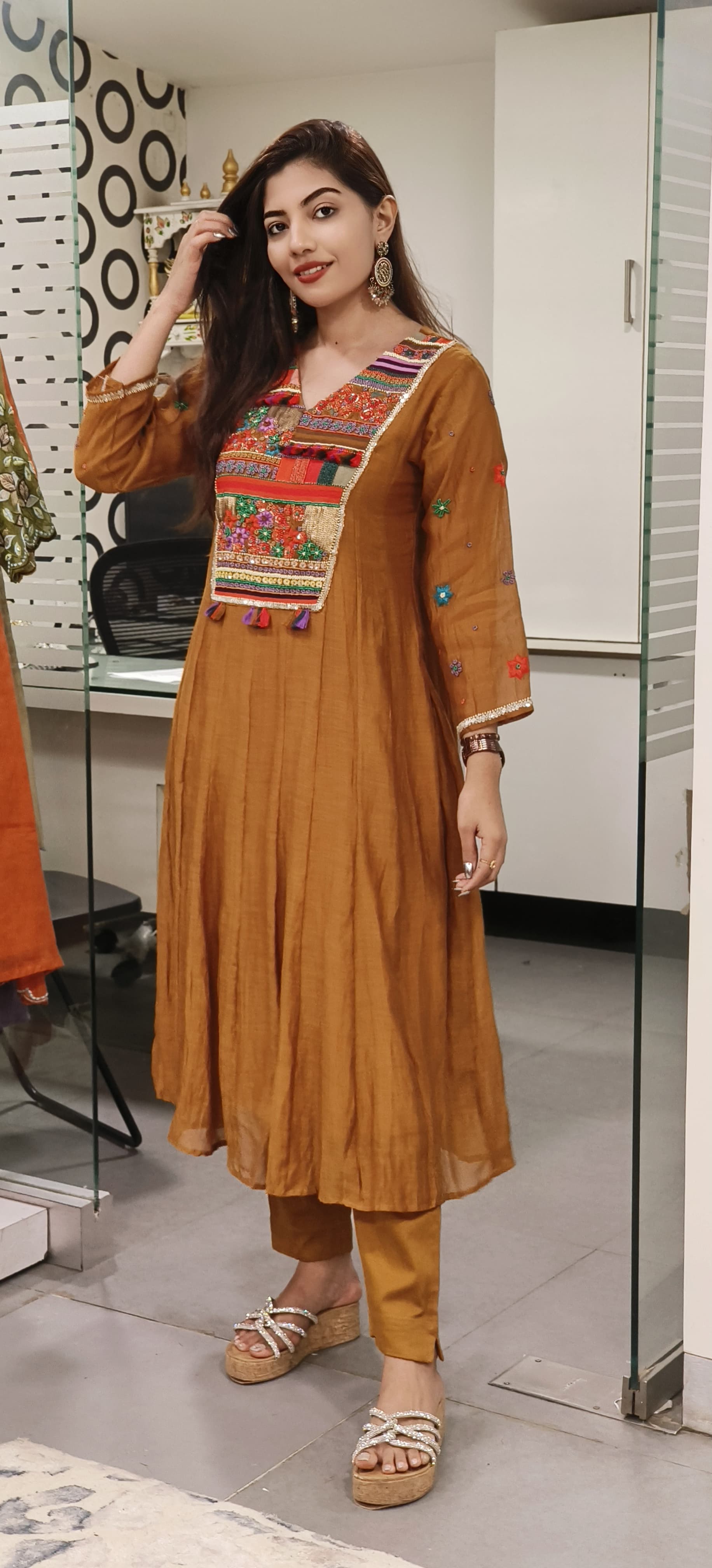 Elegance Redefined Mul Chanderi A-Line Kurta Set with Exquisite Multicolor Embroidery and-Matching Pants-9508,9509