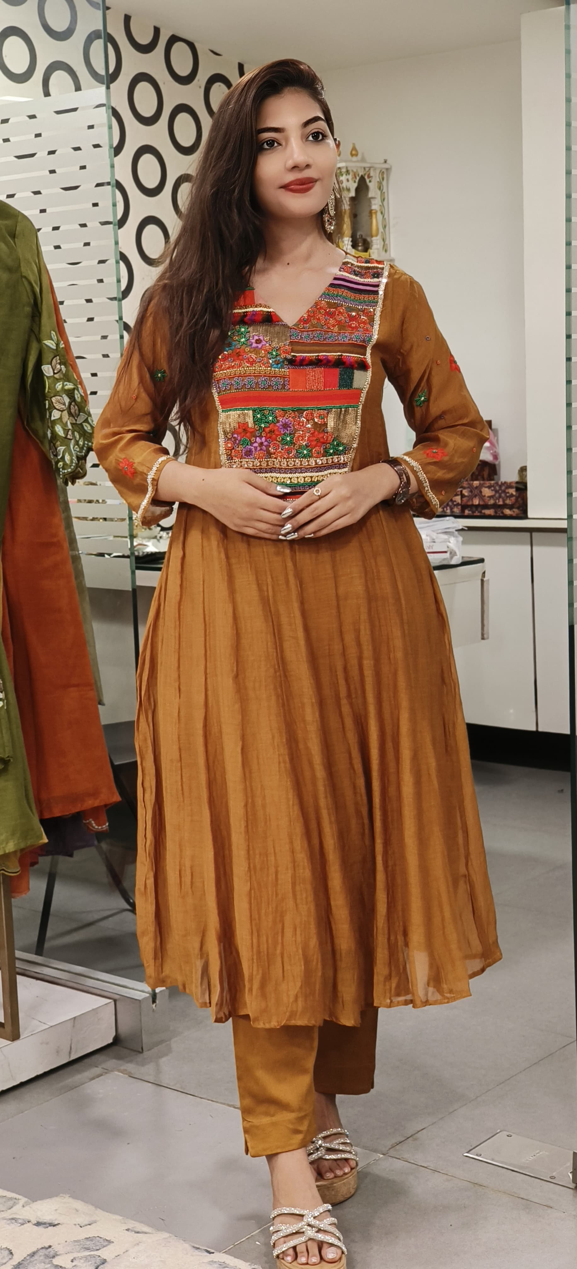 Elegance Redefined Mul Chanderi A-Line Kurta Set with Exquisite Multicolor Embroidery and-Matching Pants-9508,9509