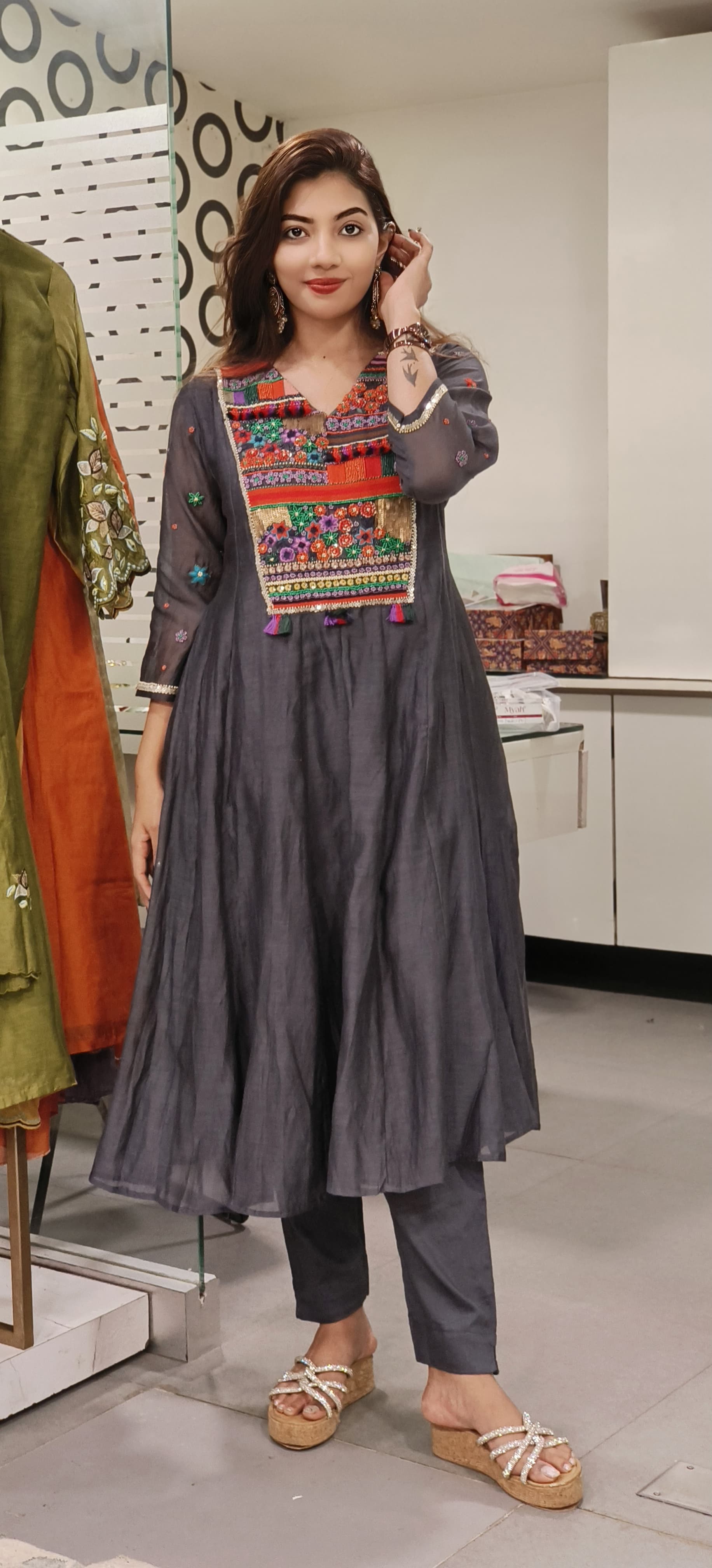Elegance Redefined Mul Chanderi A-Line Kurta Set with Exquisite Multicolor Embroidery and-Matching Pants-9508,9509