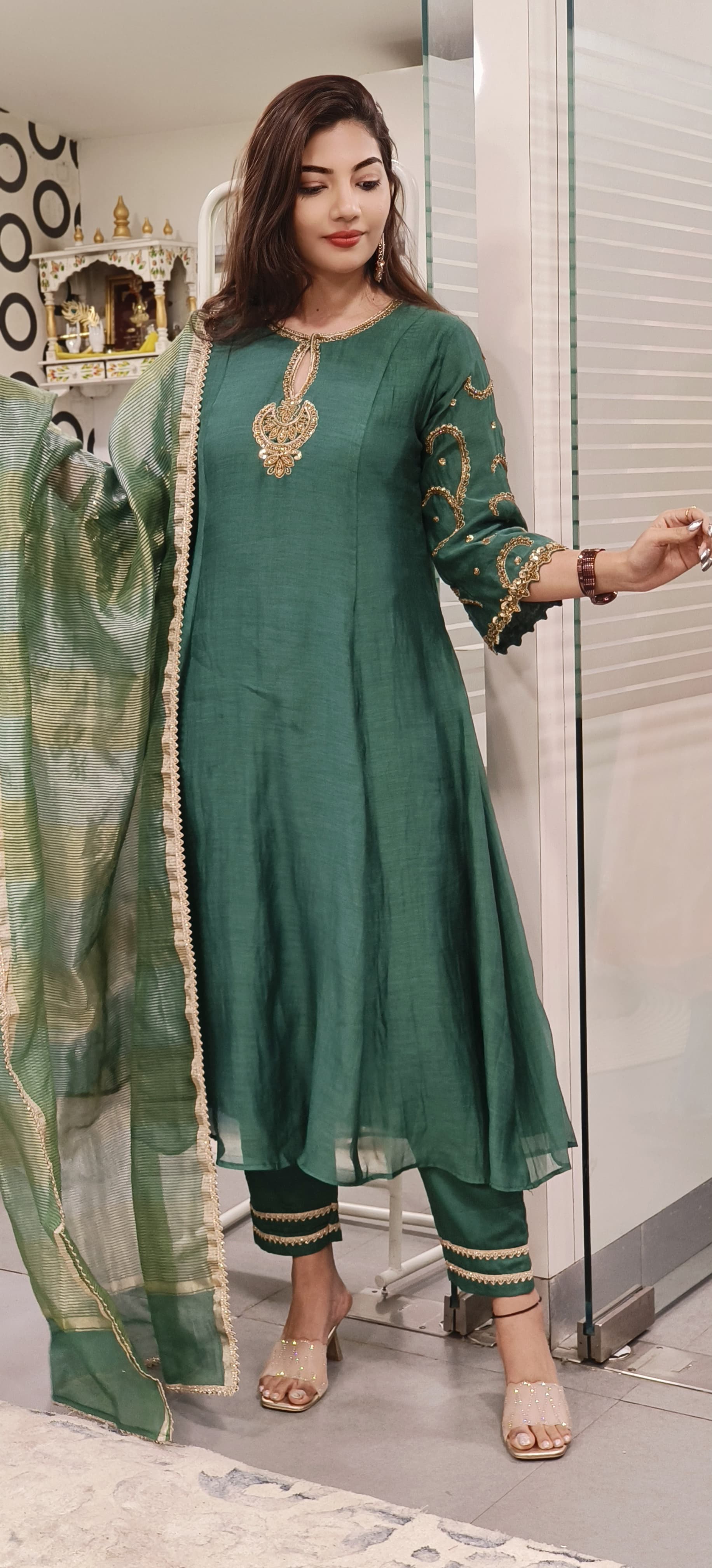Gracefully Embroidered Mul Chanderi A-line Full Suit Set with Tissue Dupatta -9506,9507
