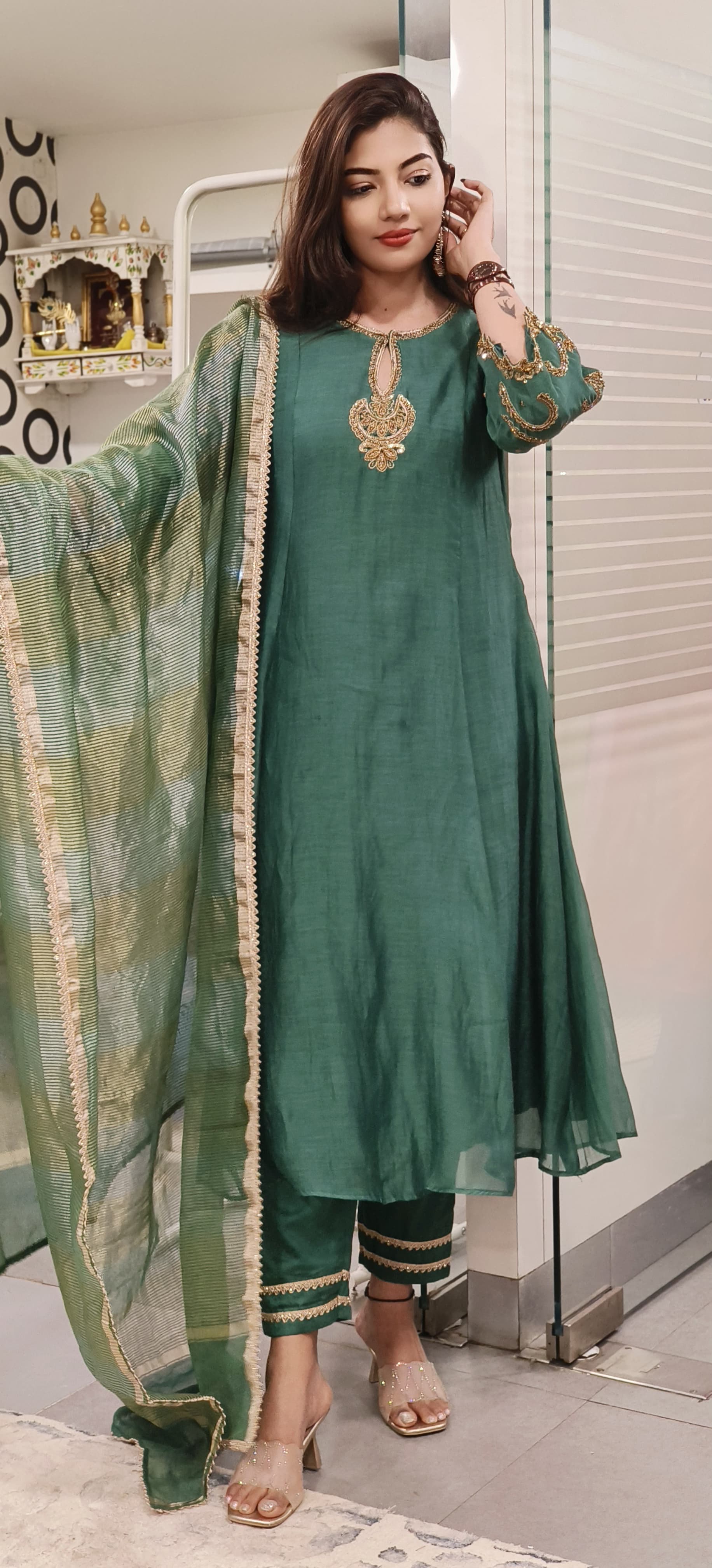 Gracefully Embroidered Mul Chanderi A-line Full Suit Set with Tissue Dupatta -9506,9507