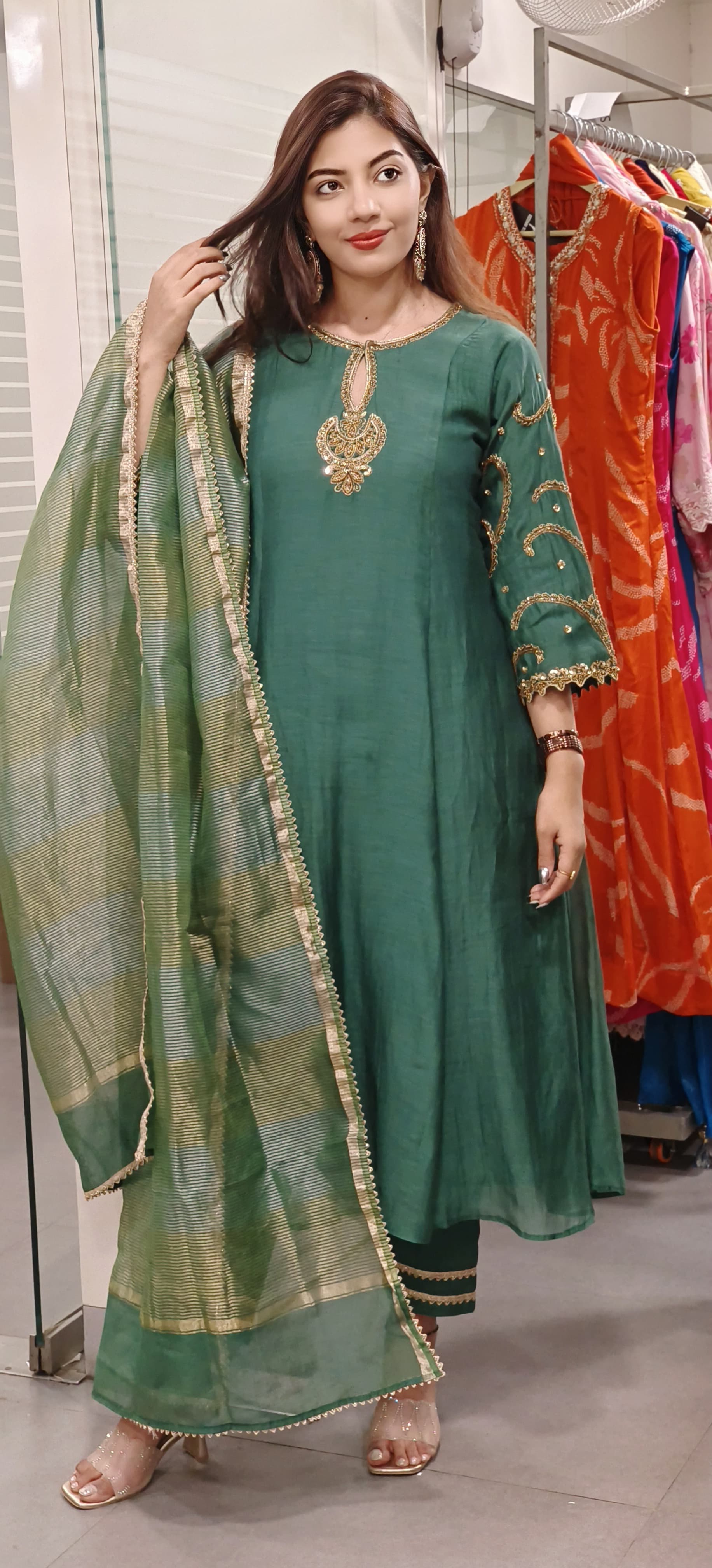 Gracefully Embroidered Mul Chanderi A-line Full Suit Set with Tissue Dupatta -9506,9507