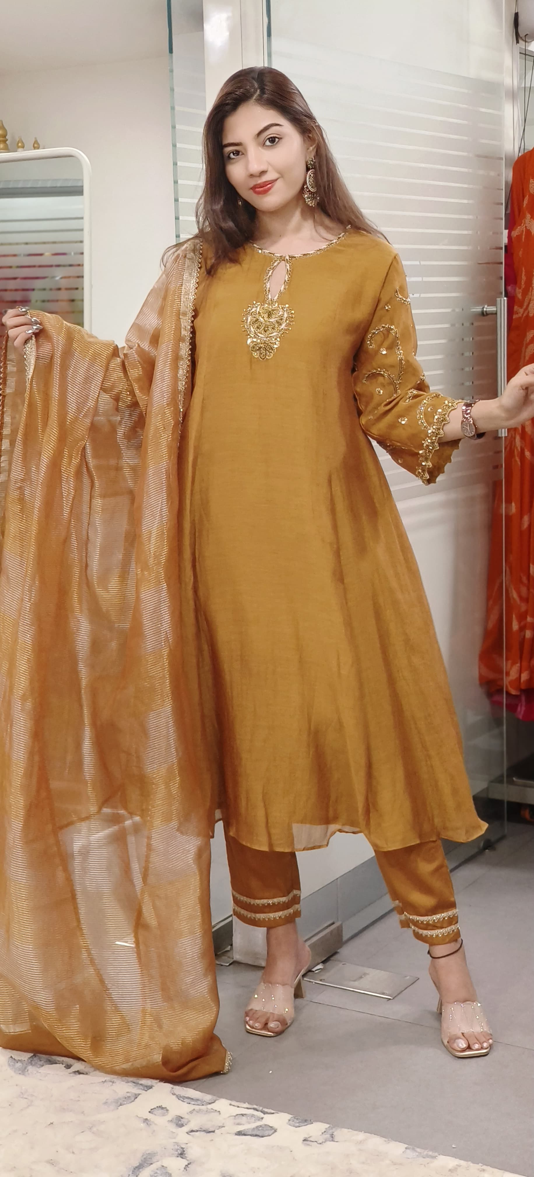 Gracefully Embroidered Mul Chanderi A-line Full Suit Set with Tissue Dupatta -9506,9507