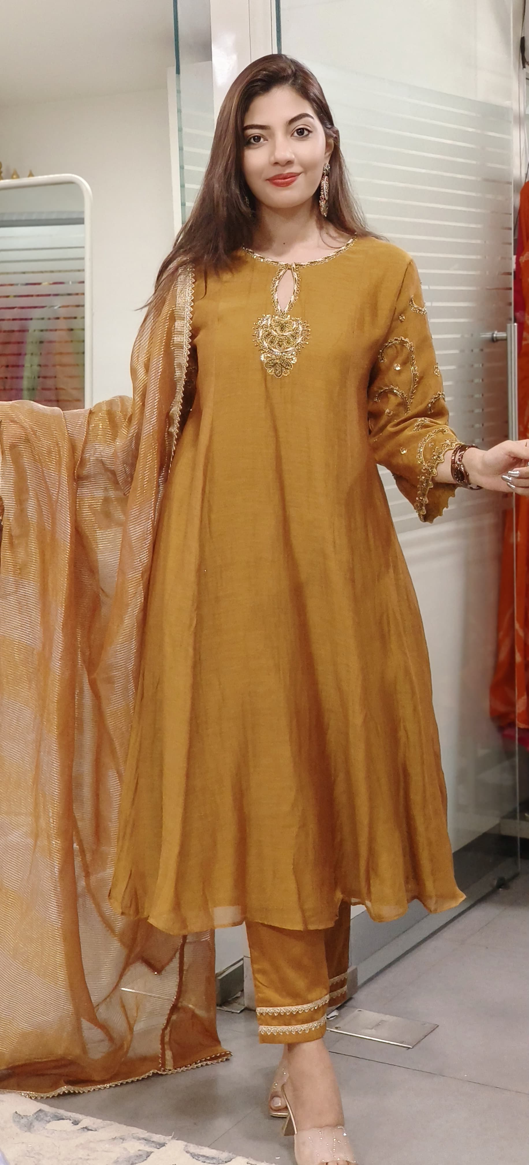 Gracefully Embroidered Mul Chanderi A-line Full Suit Set with Tissue Dupatta -9506,9507