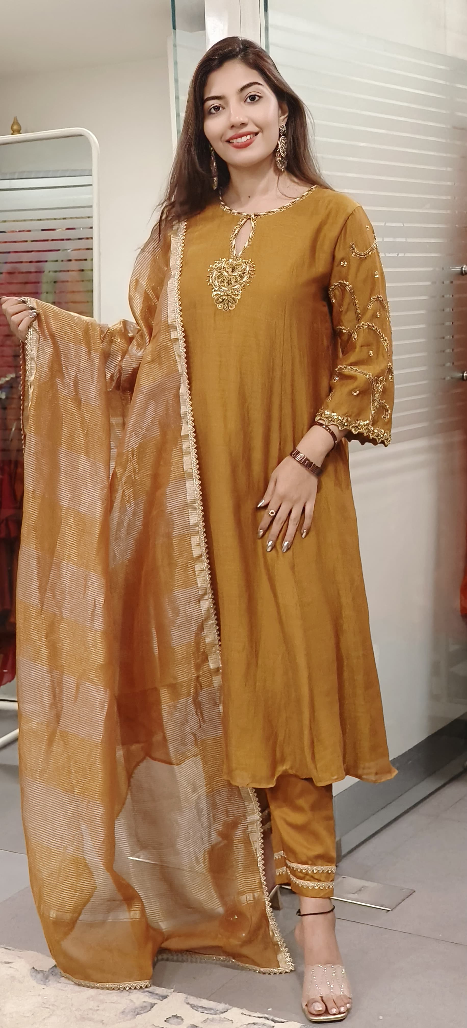 Gracefully Embroidered Mul Chanderi A-line Full Suit Set with Tissue Dupatta -9506,9507