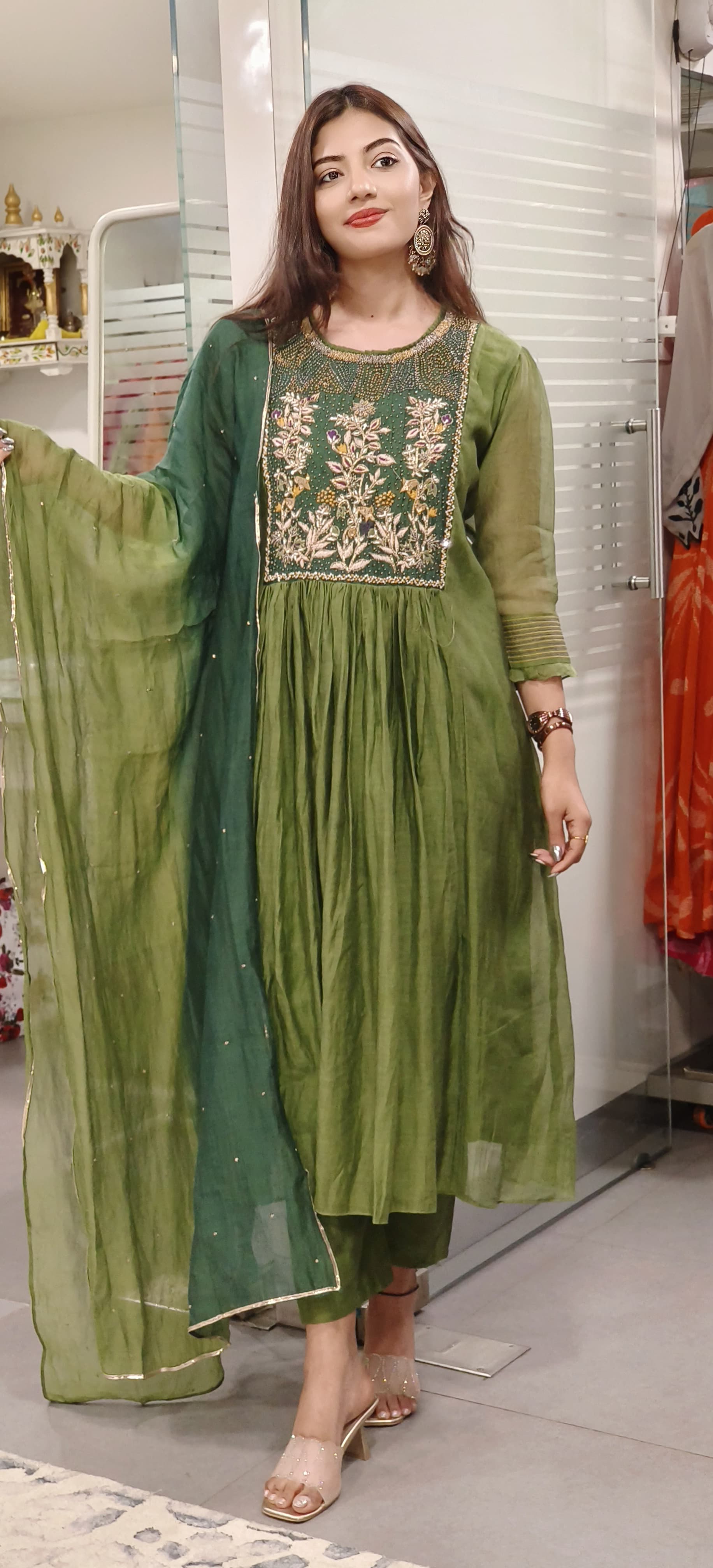 Elegant Mul Chanderi Fabric Embroidered A-Line Full Suit Set with Beads Embroidered Yoke & Shaded Dupatta 9513,9512