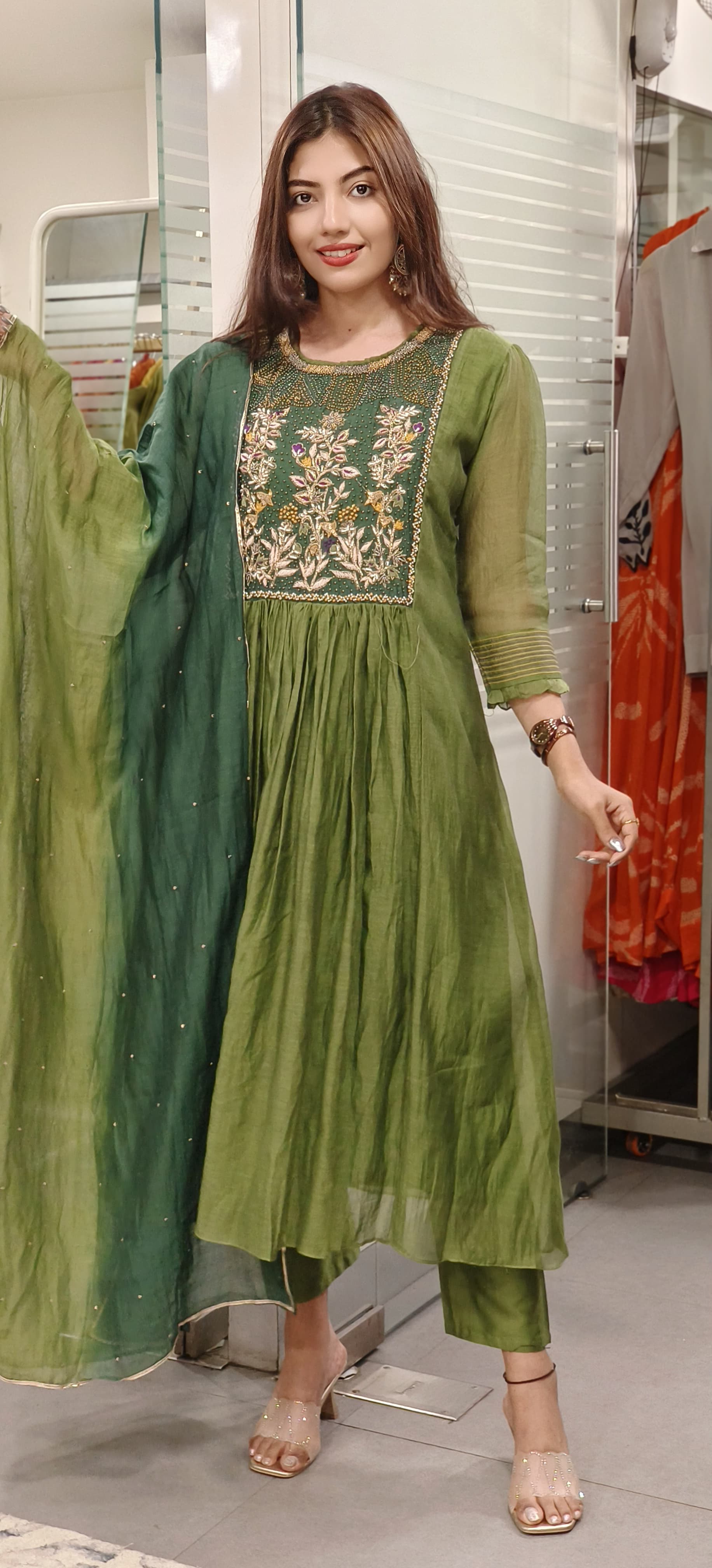 Elegant Mul Chanderi Fabric Embroidered A-Line Full Suit Set with Beads Embroidered Yoke & Shaded Dupatta 9513,9512