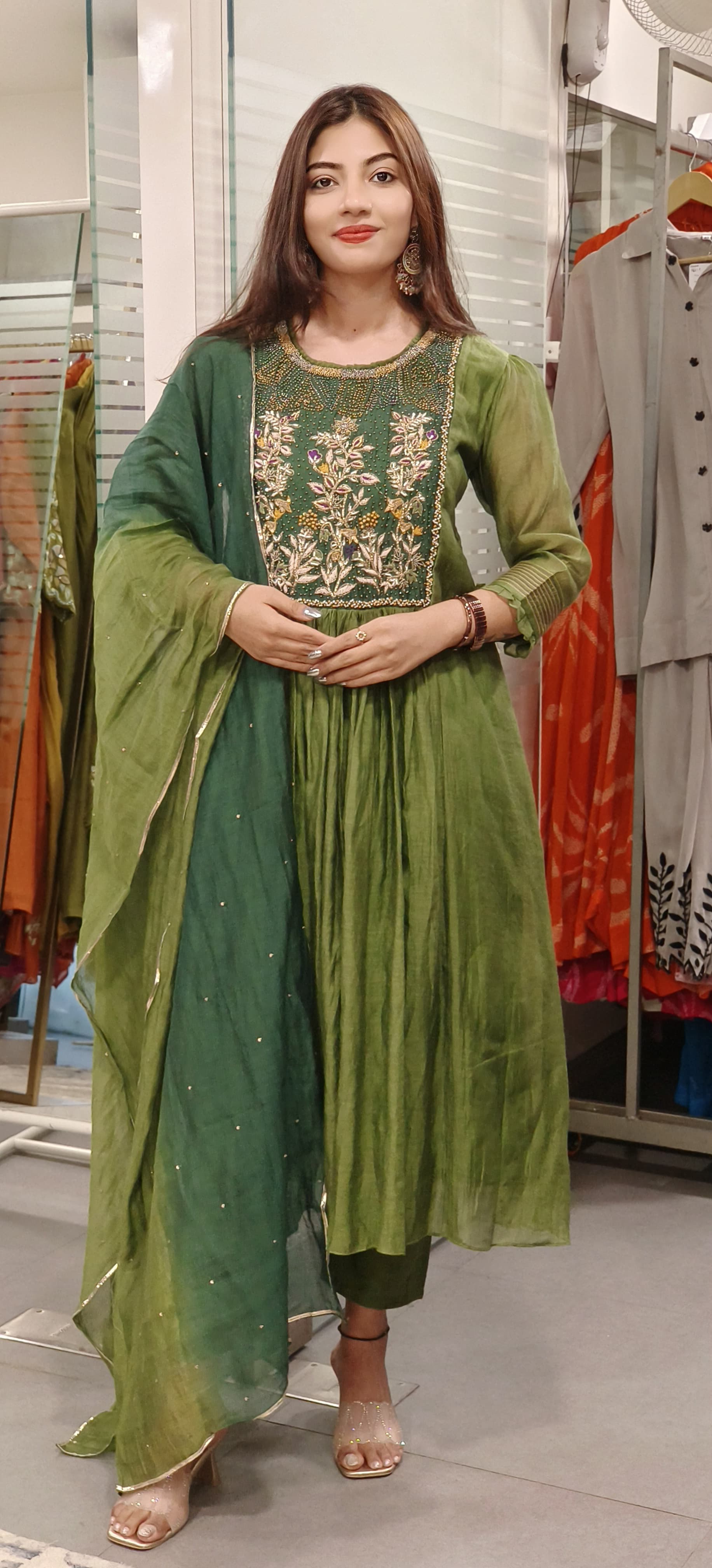 Elegant Mul Chanderi Fabric Embroidered A-Line Full Suit Set with Beads Embroidered Yoke & Shaded Dupatta 9513,9512