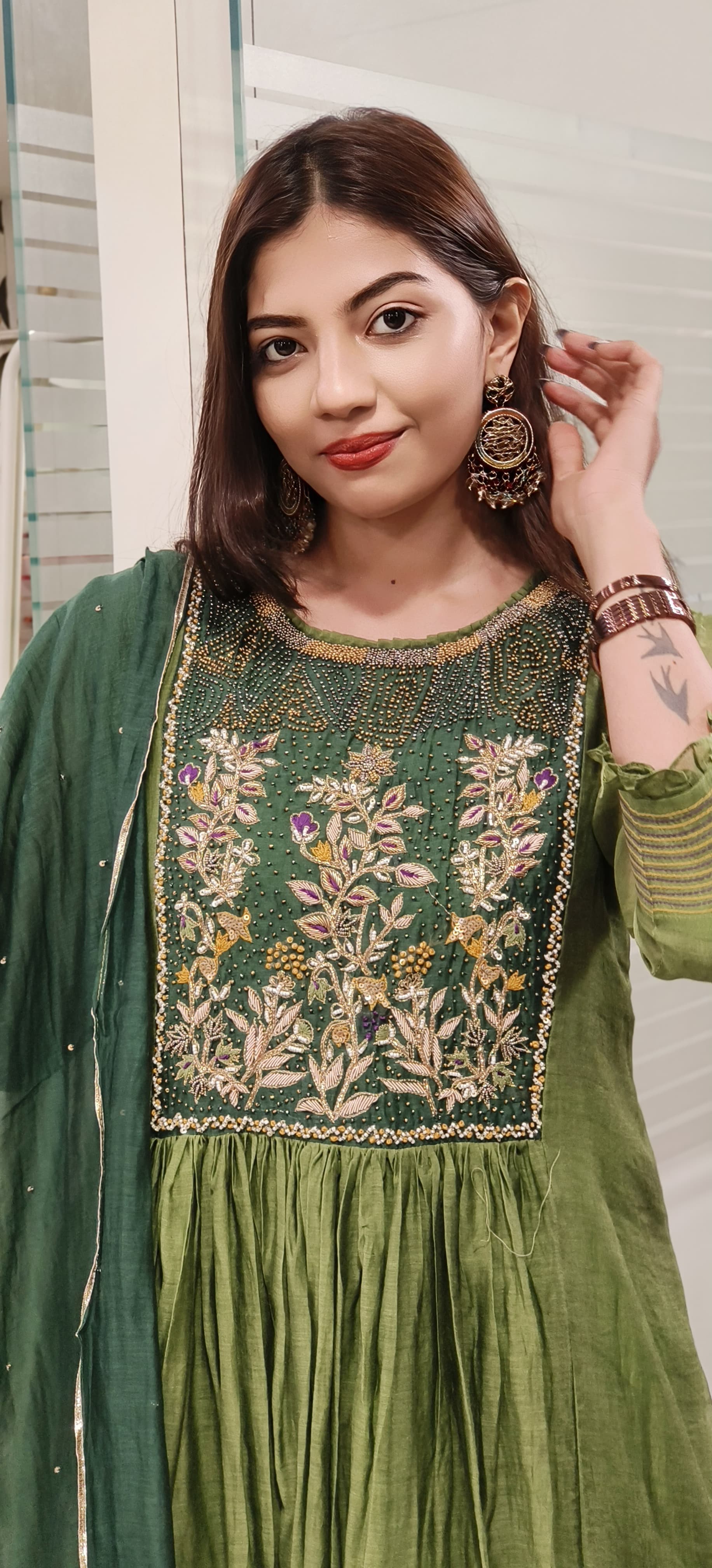 Elegant Mul Chanderi Fabric Embroidered A-Line Full Suit Set with Beads Embroidered Yoke & Shaded Dupatta 9513,9512