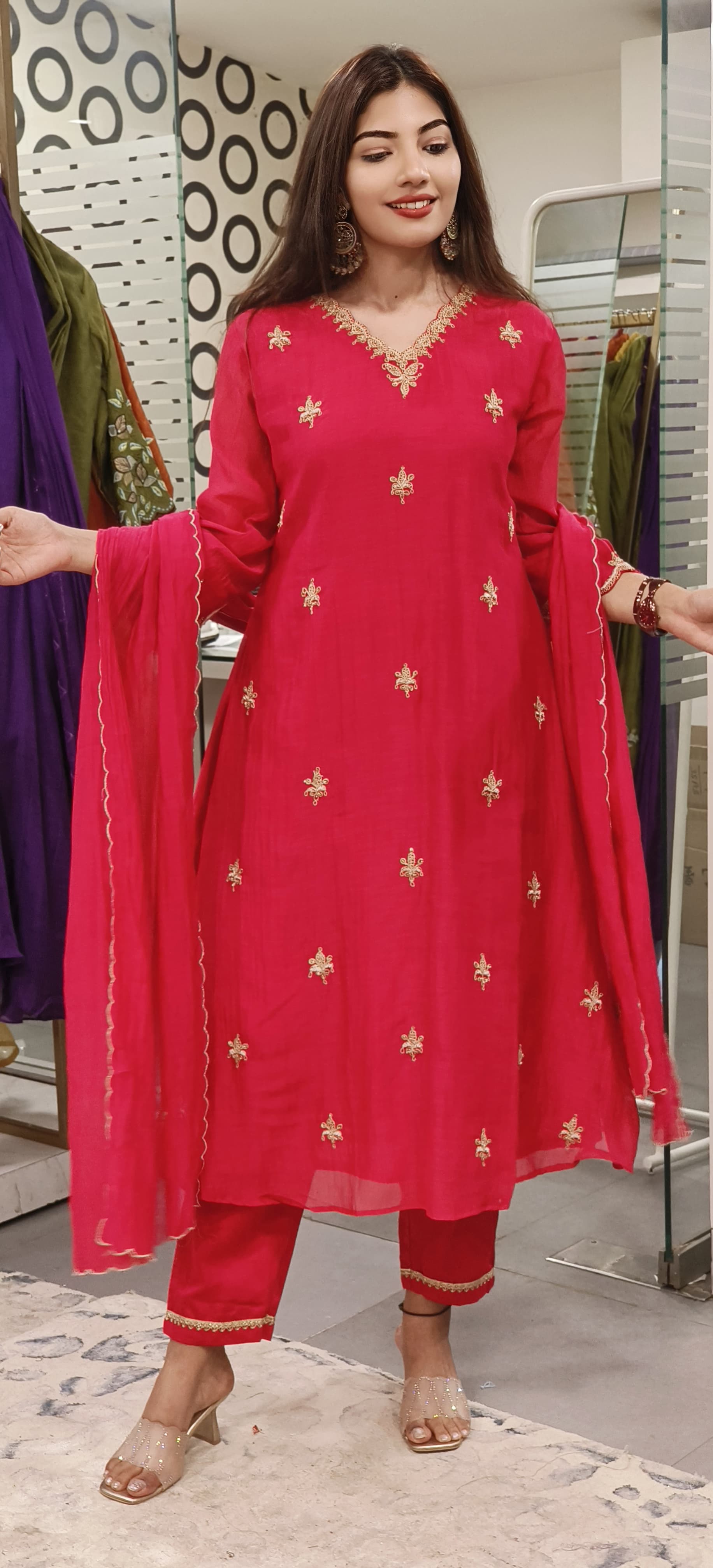 Graceful Mul Chanderi Embroidered A-Line Kurta Set with Matching Pants and Dupatta -9511,9510