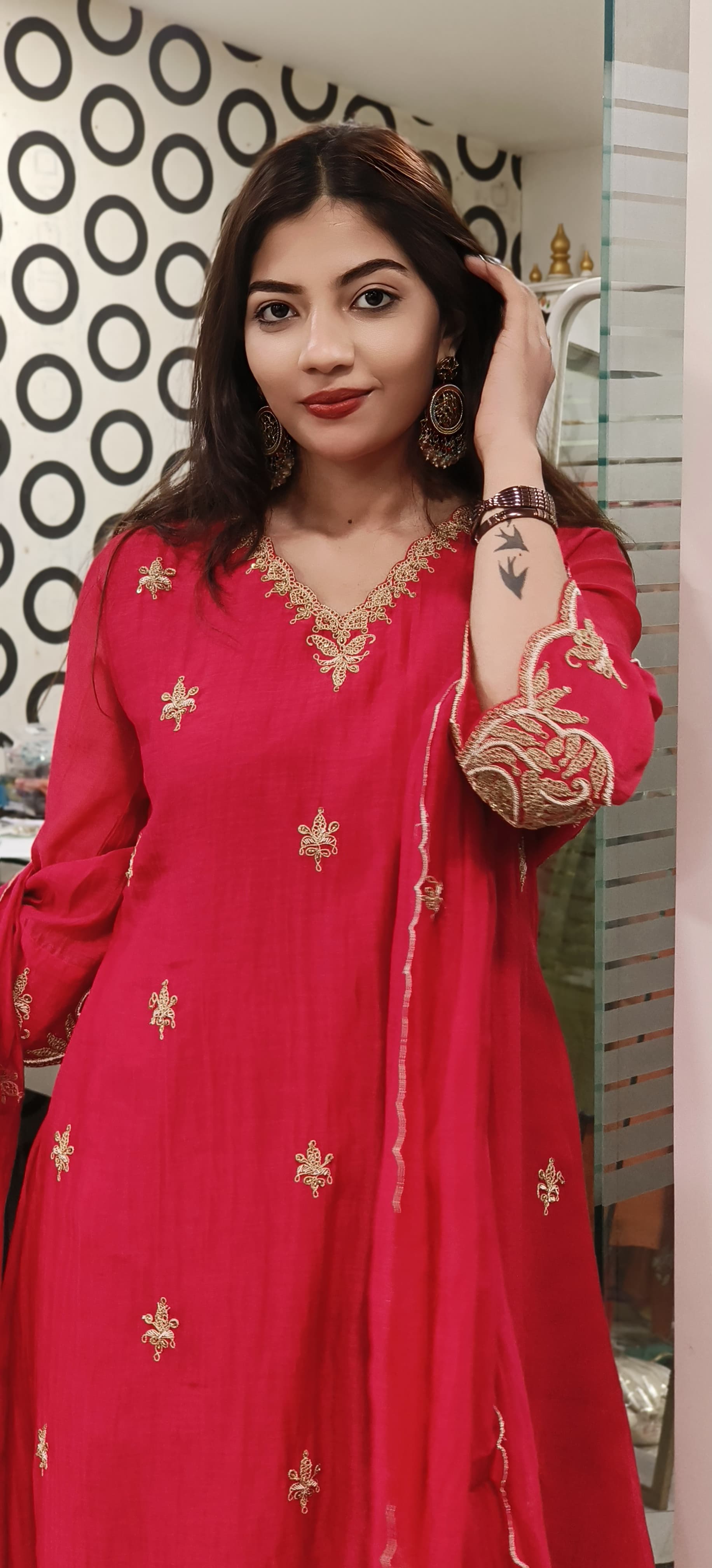 Graceful Mul Chanderi Embroidered A-Line Kurta Set with Matching Pants and Dupatta -9511,9510