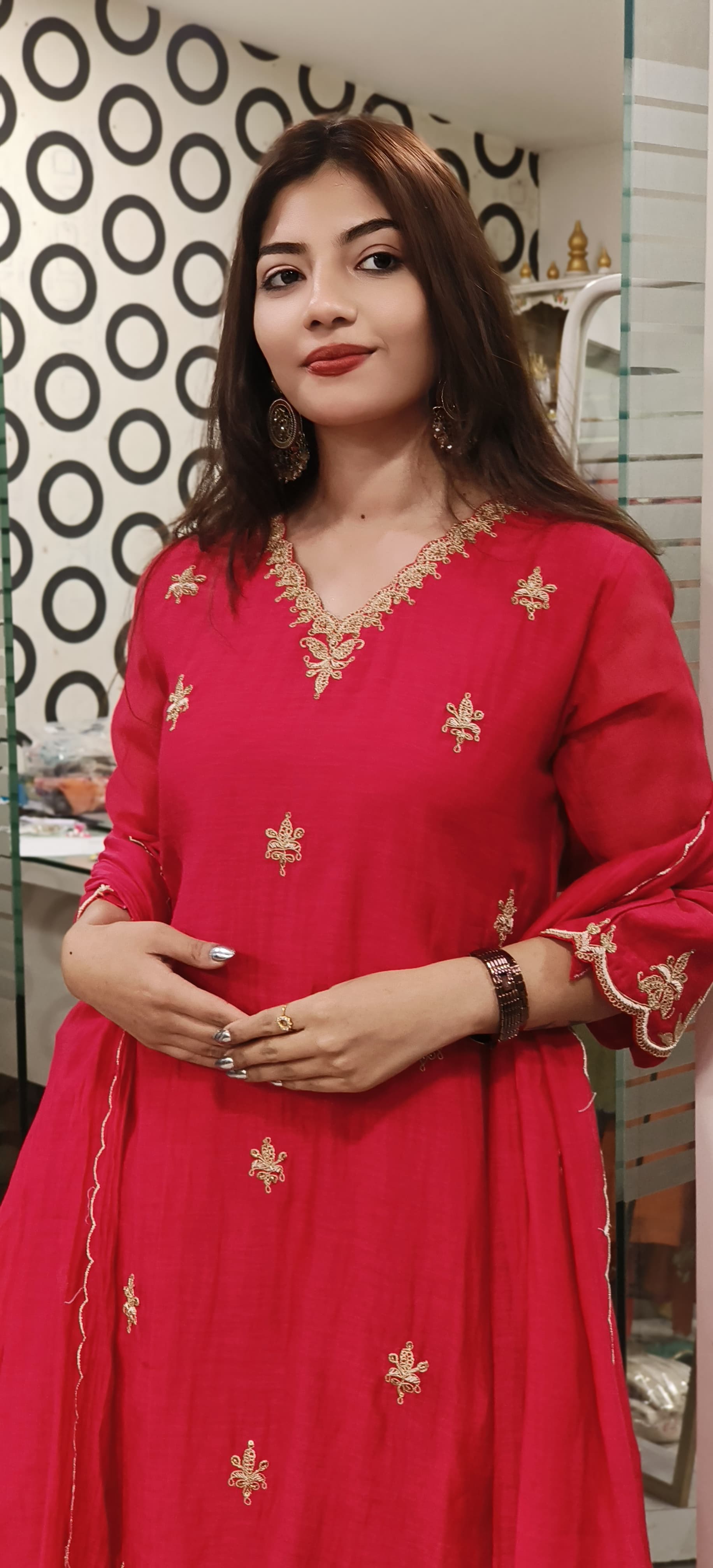 Graceful Mul Chanderi Embroidered A-Line Kurta Set with Matching Pants and Dupatta -9511,9510