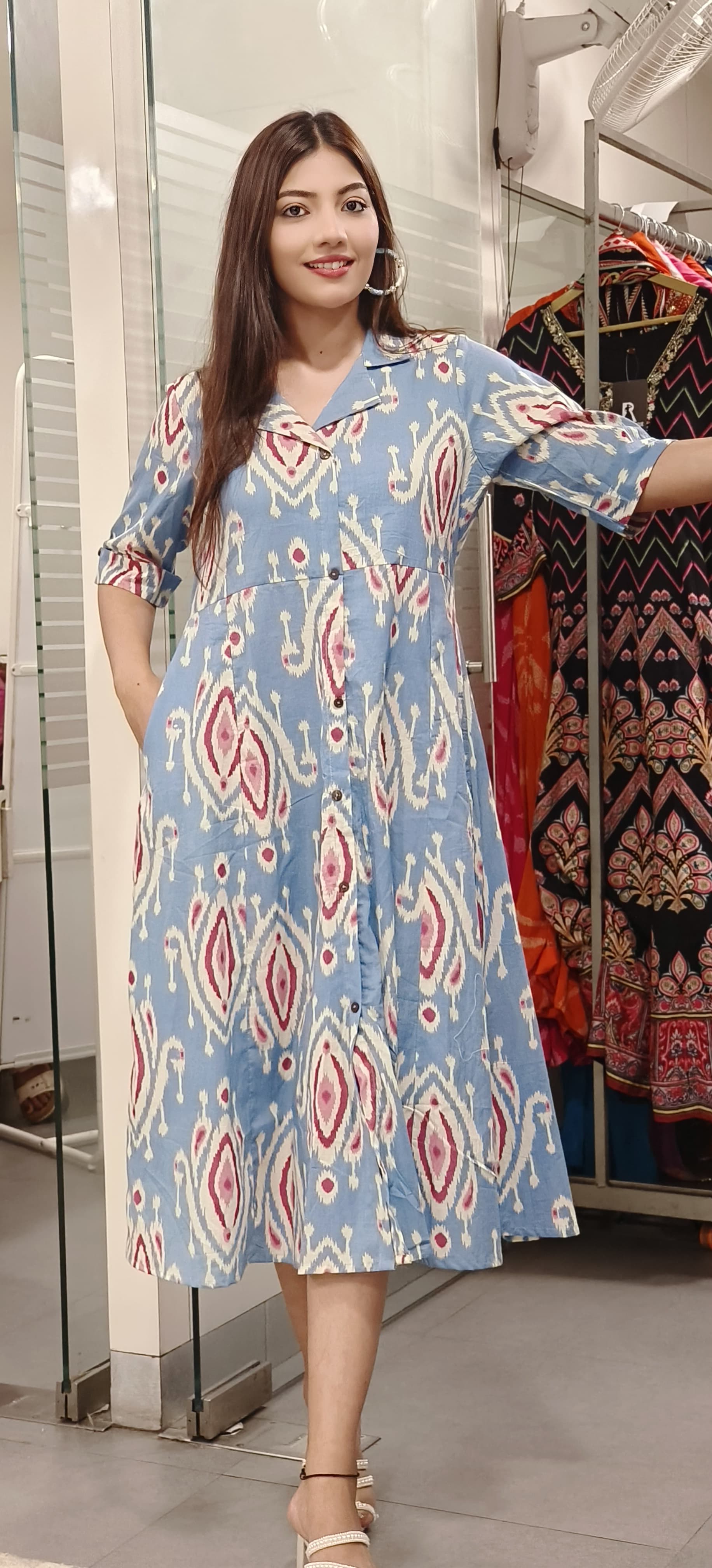 Ikkat Print Summer Style Printed Cotton Casual Frock With Pocket 9535,9534