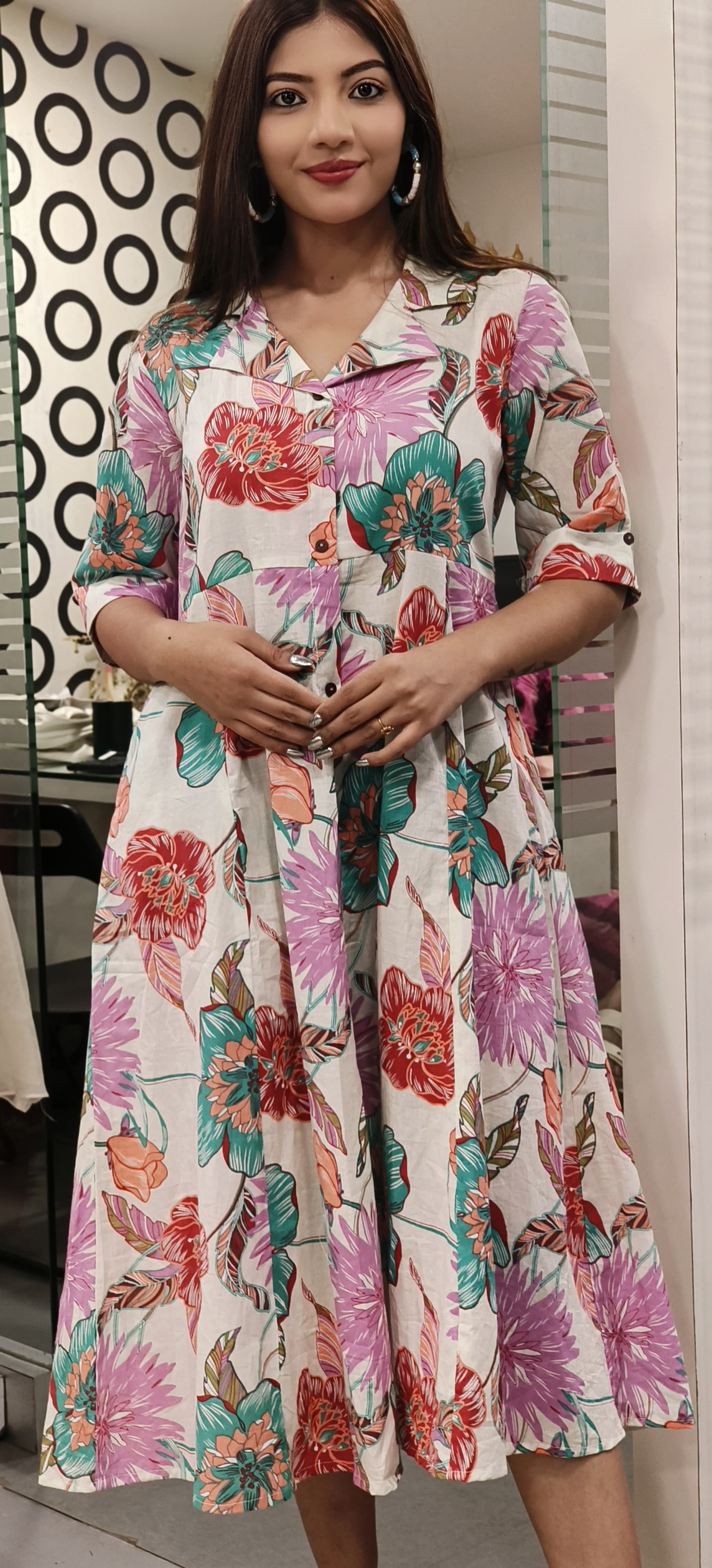 Multi Color Collar style Big Floral Print Casual Frock With Pocket-9532