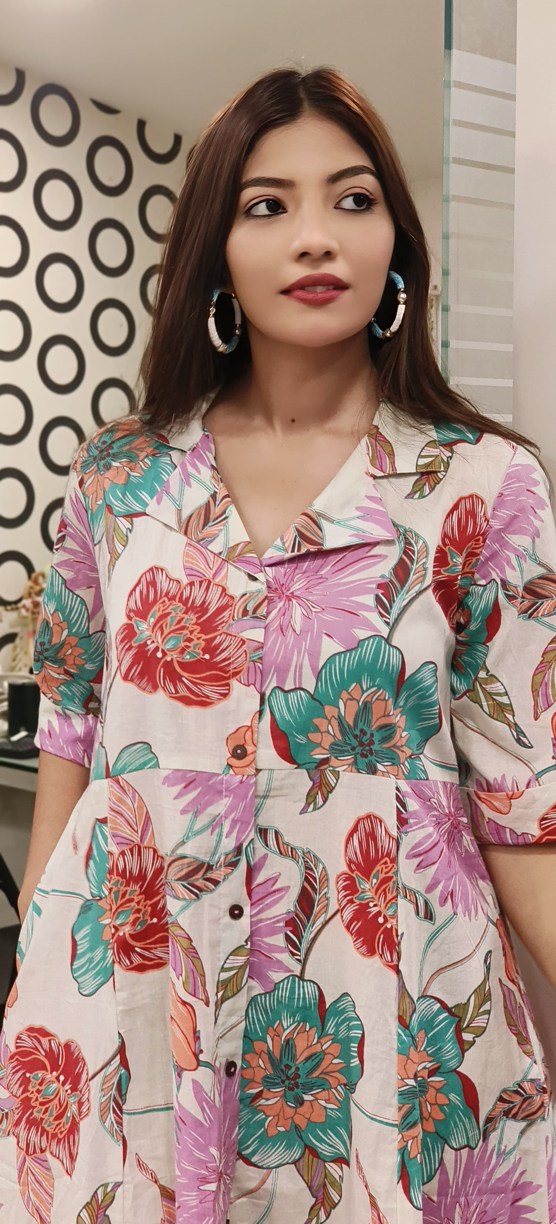 Multi Color Collar style Big Floral Print Casual Frock With Pocket-9532