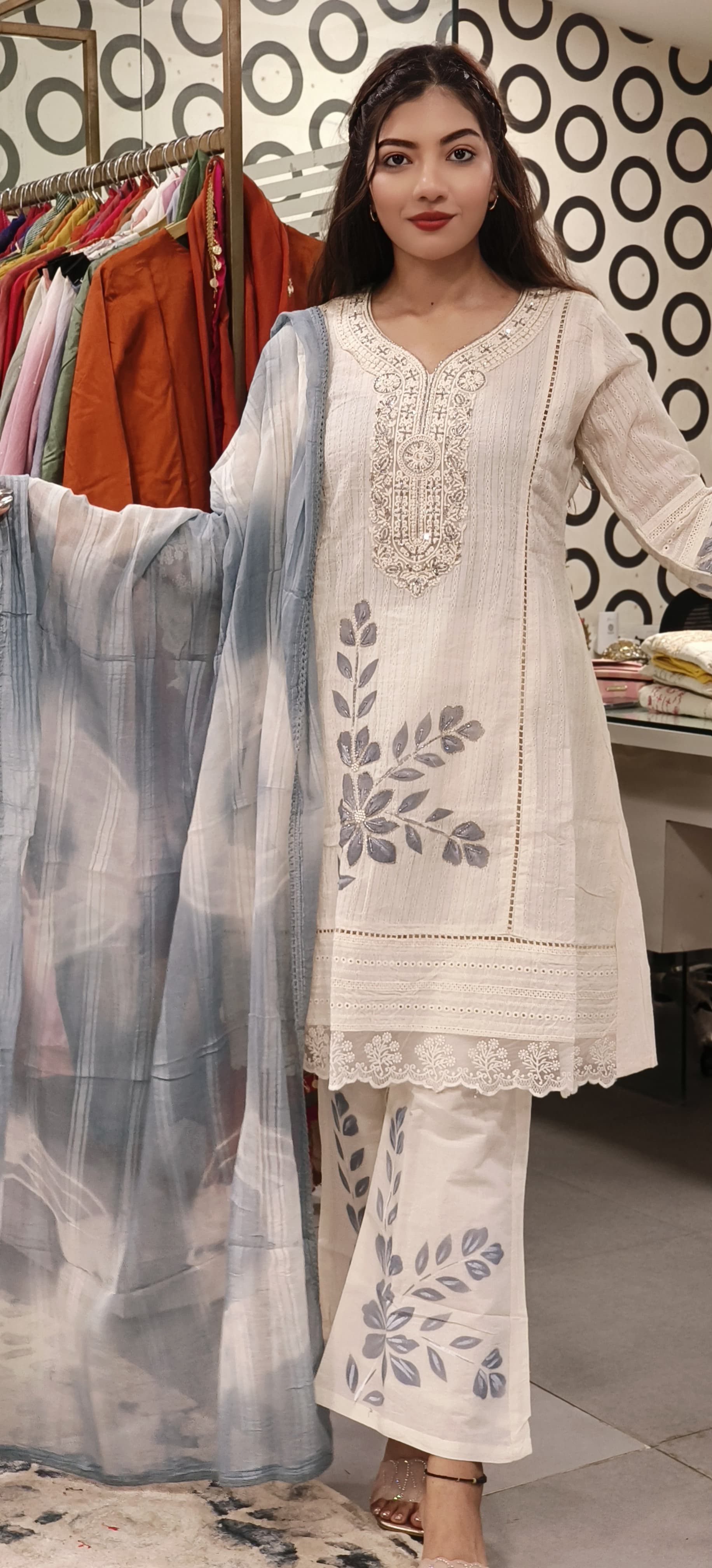 Cotton Embroidered Pakistani Style Full Short Kurta Set With Dupatta -9544/9543/9542