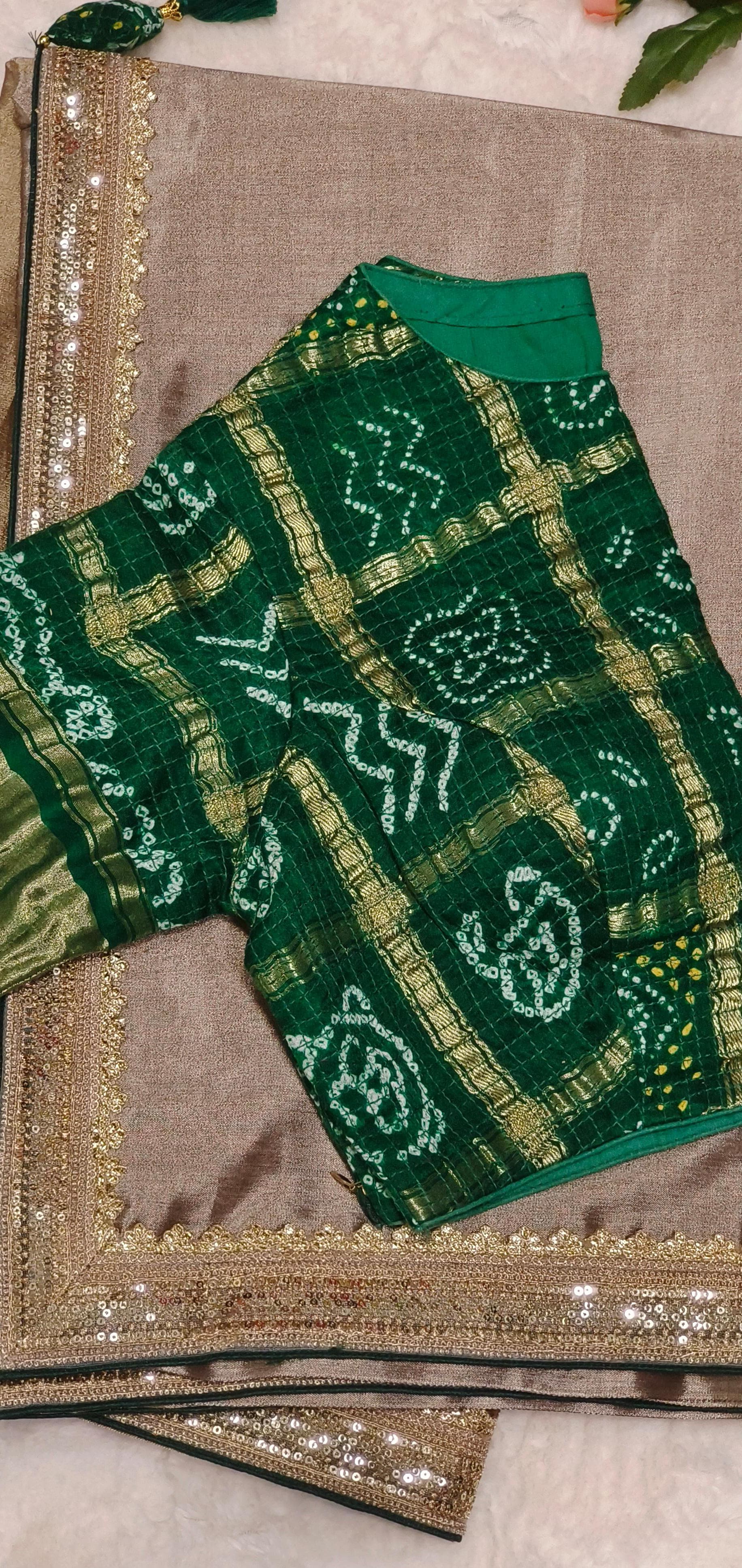 Designer Tissue Silk Plain Gold Dual Tone Silk Saree with Vibrant Bandhani Padded Stiched  Blouse