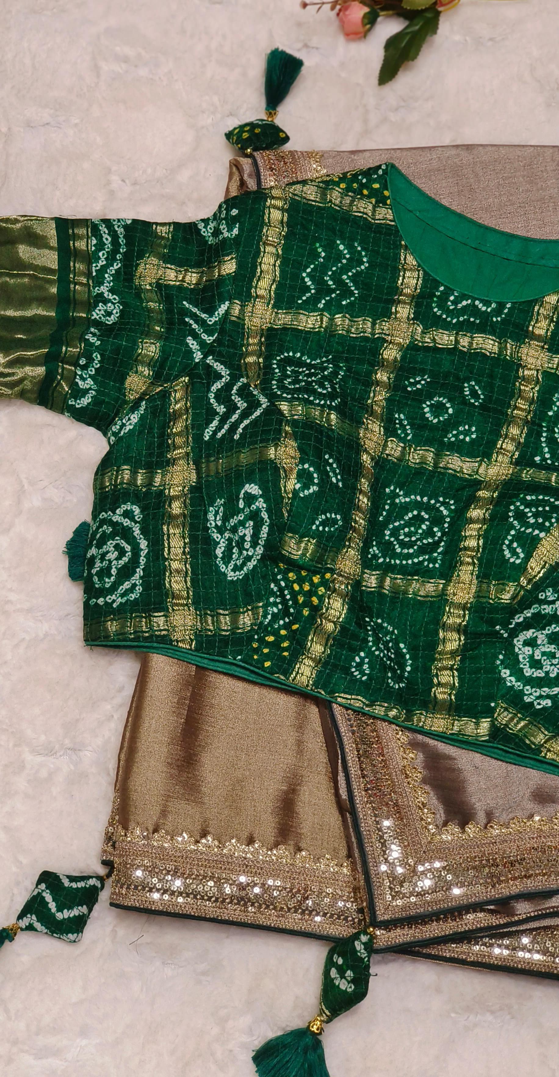 Designer Silk Plain Gold Dual Tone Silk Saree with Vibrant Bandhani Padded Stiched  Blouse- 5995