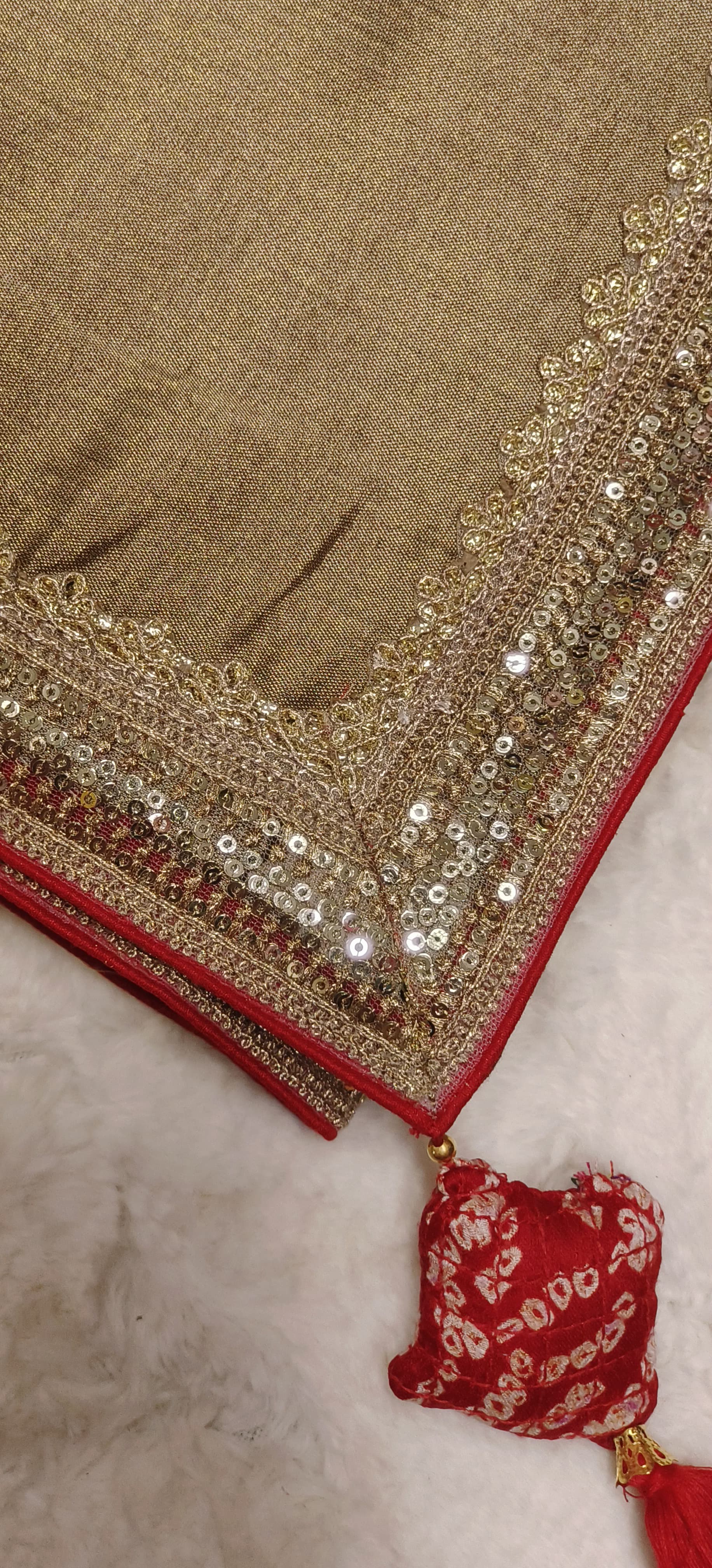 Designer Tissue Silk Plain Gold Dual Tone Silk Saree with Vibrant Bandhani Padded Stiched  Blouse