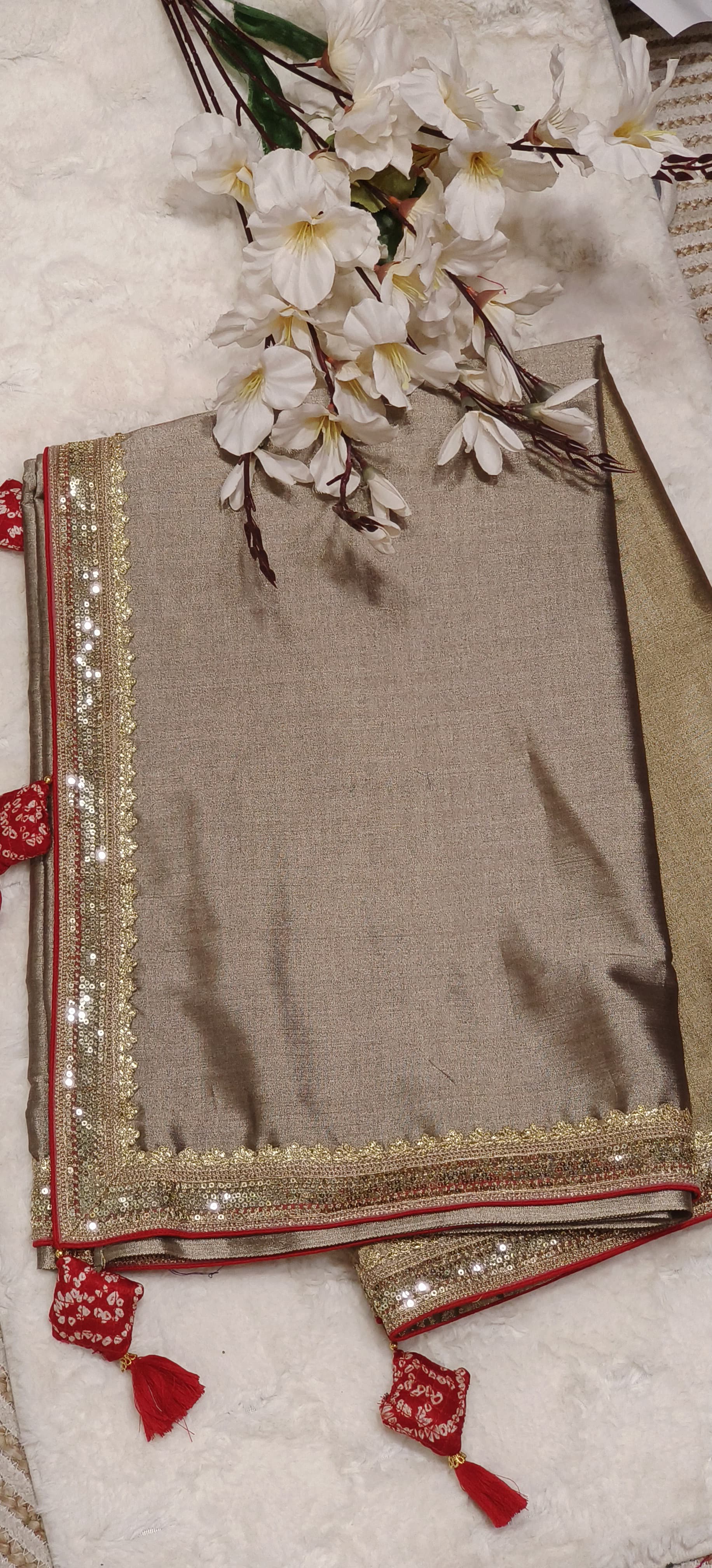 Designer Tissue Silk Plain Gold Dual Tone Silk Saree with Vibrant Bandhani Padded Stiched  Blouse