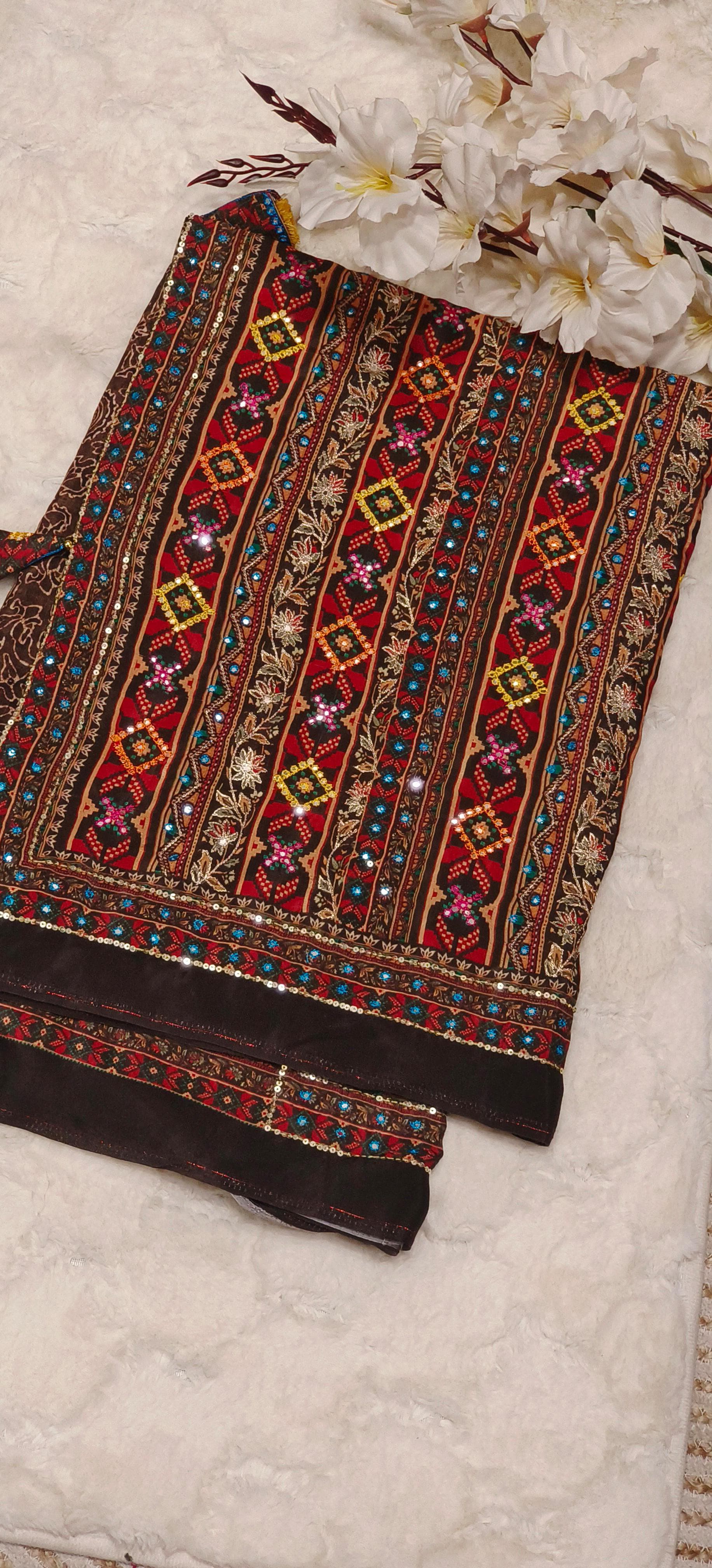 Muslin Fabric Multi Colored Embroidered Pallu Saree With Padded  stitched Blouse