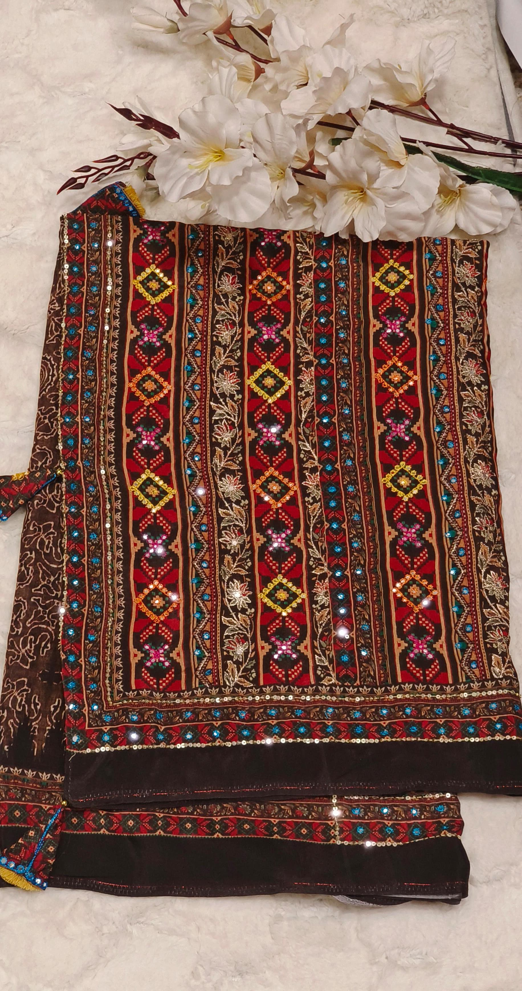 Muslin Fabric Multi Colored Embroidered Pallu Saree With Padded  stitched Blouse