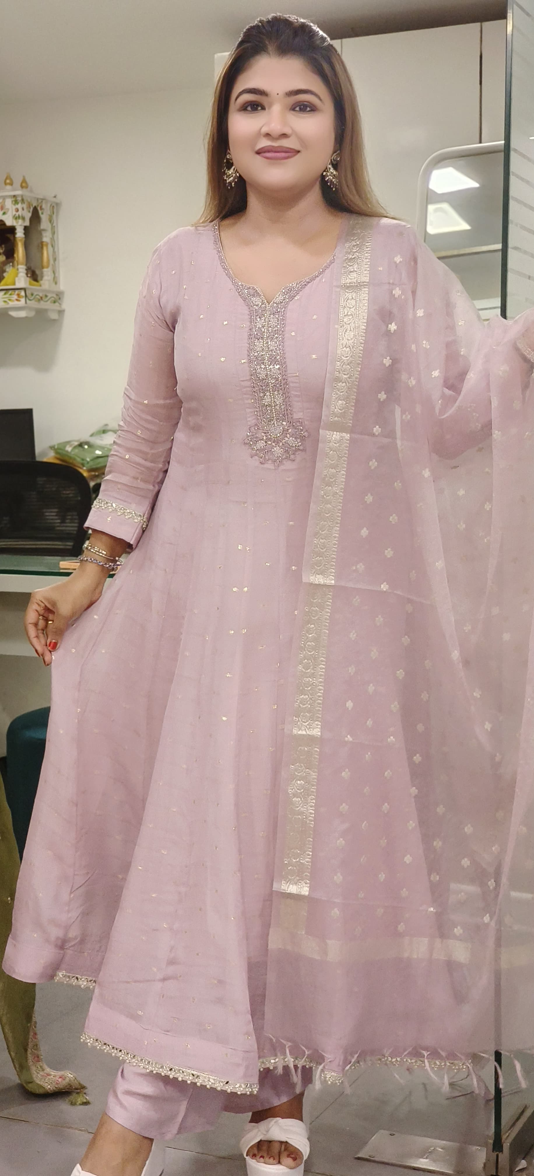 Ethereal Long Organza Pannel Anarkali Suit with Intricately Embroidered Neckline, Matching Dupatta, and Coordinated Pants-08674
