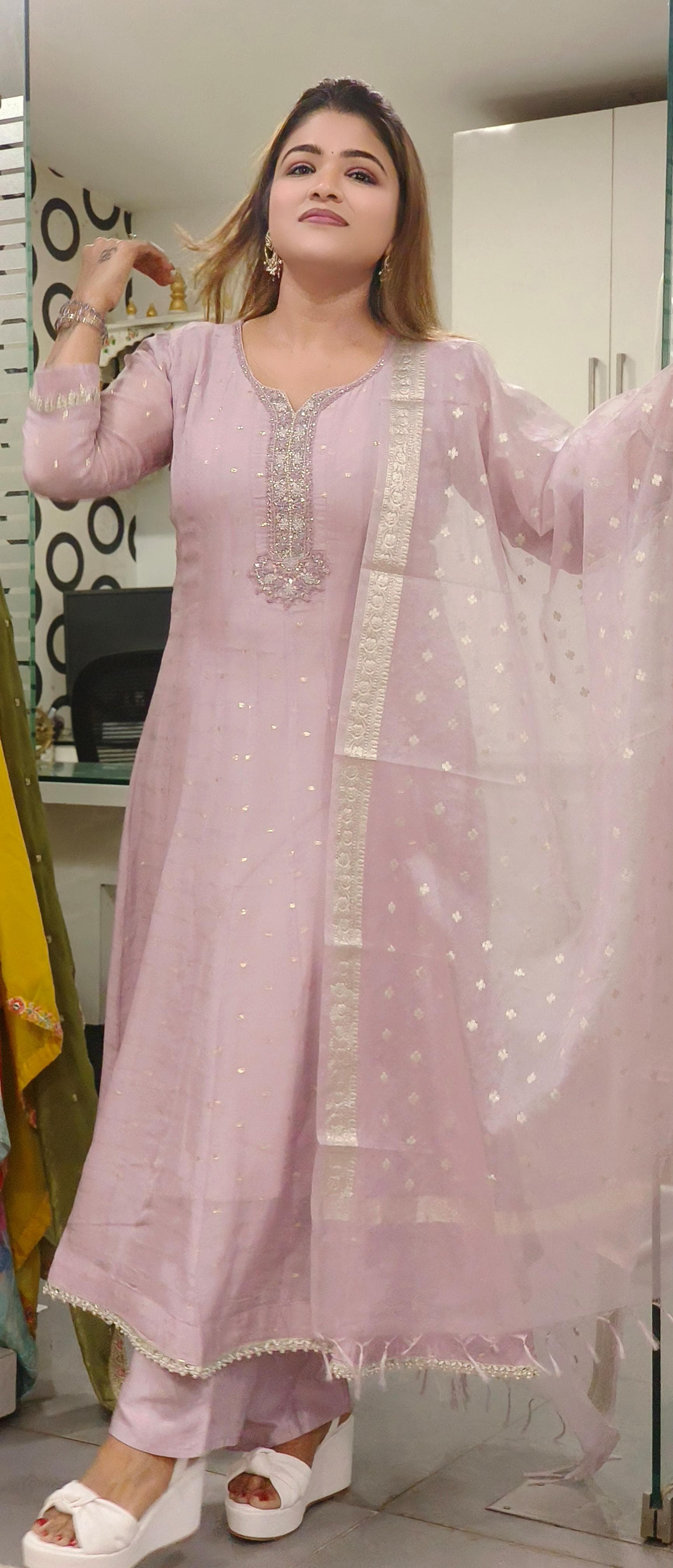 Ethereal Long Organza Pannel Anarkali Suit with Intricately Embroidered Neckline, Matching Dupatta, and Coordinated Pants-08674